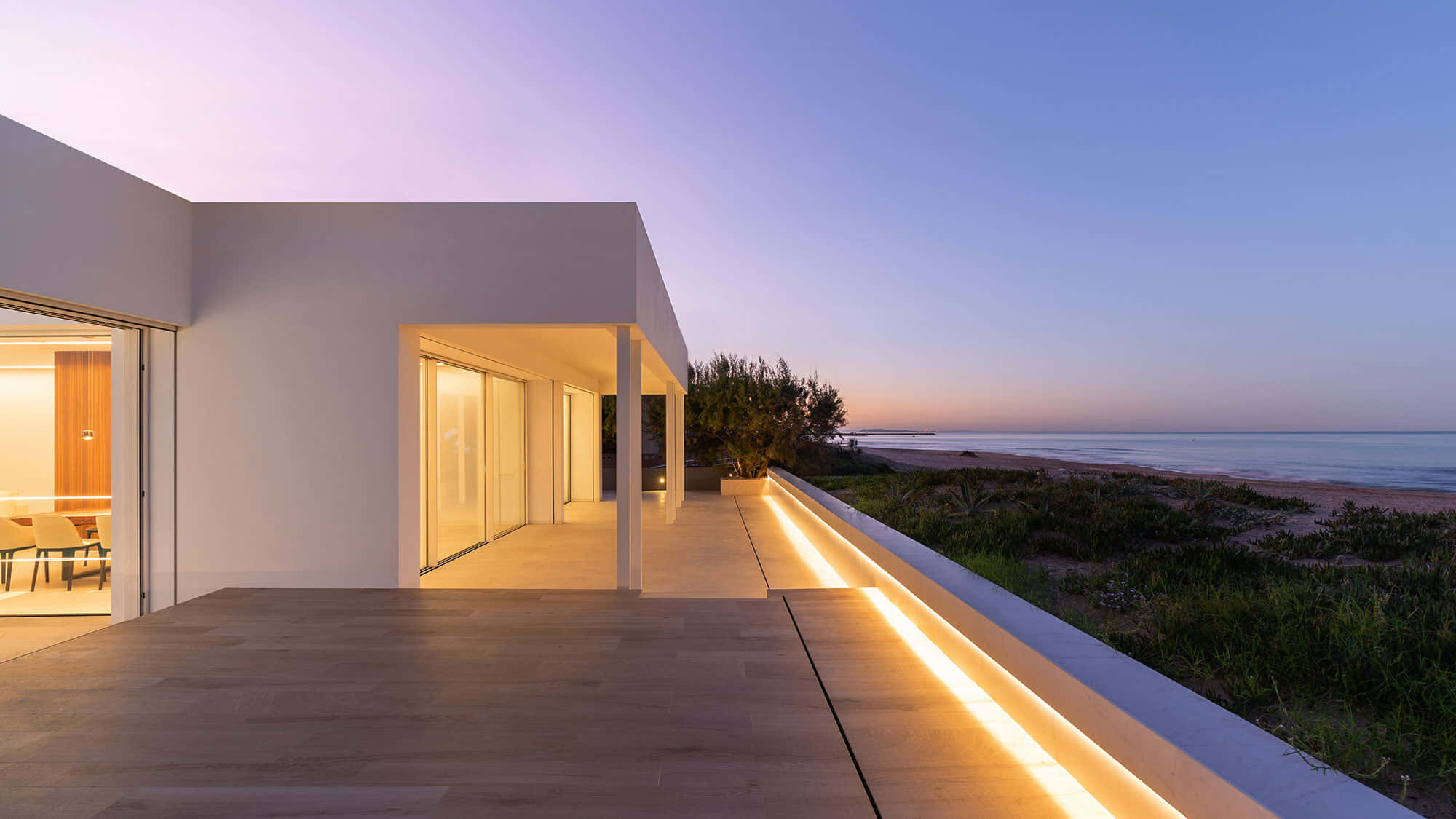minimalist architecture, modern white house, glowing floor lights, Full HD Desktop Wallpaper
