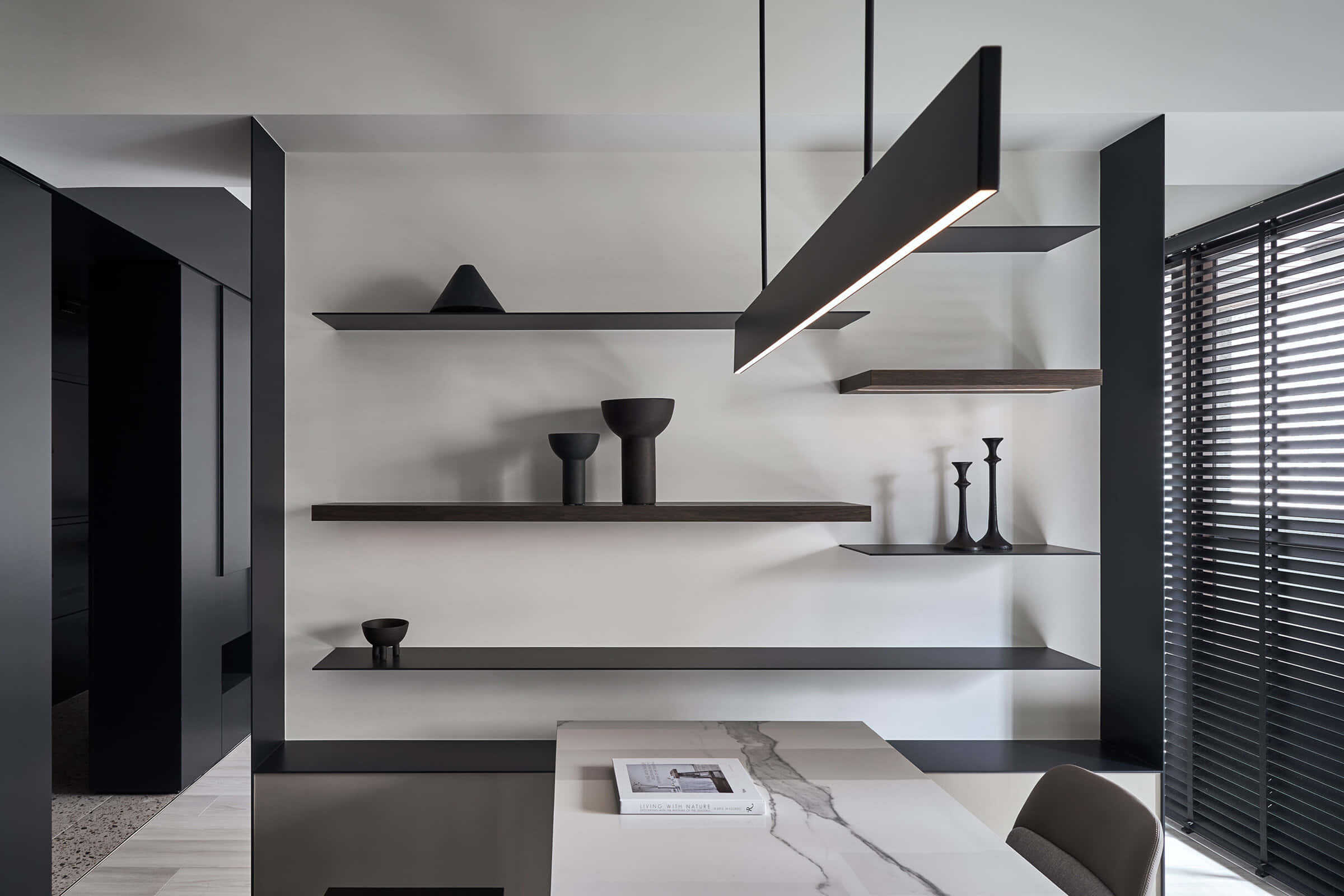 minimalist modern dining area, black floating shelves, sleek ceramic vases, Full HD Desktop Wallpaper