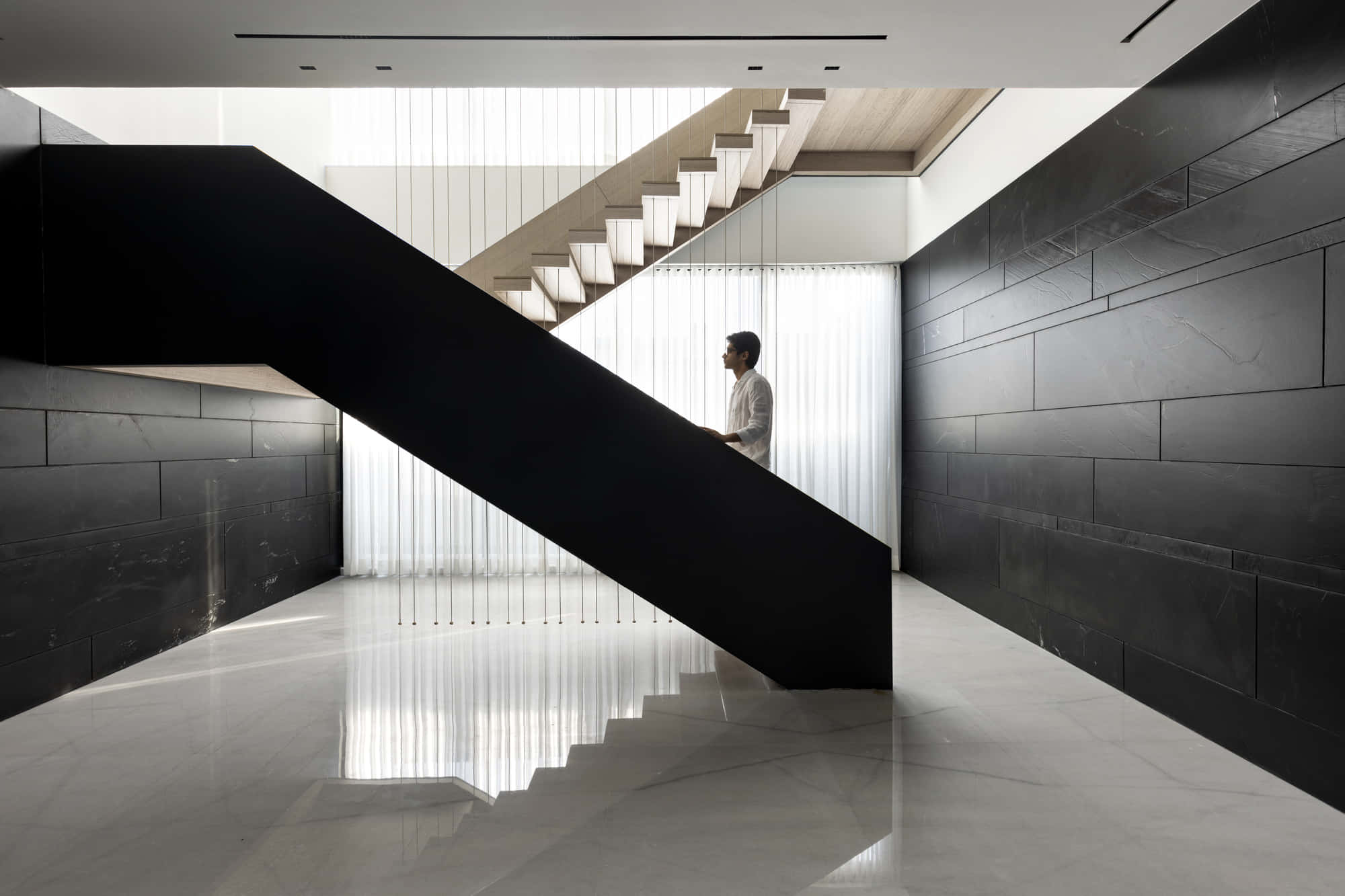 modern floating staircase, black walls, white marble floors, Full HD Desktop Wallpaper