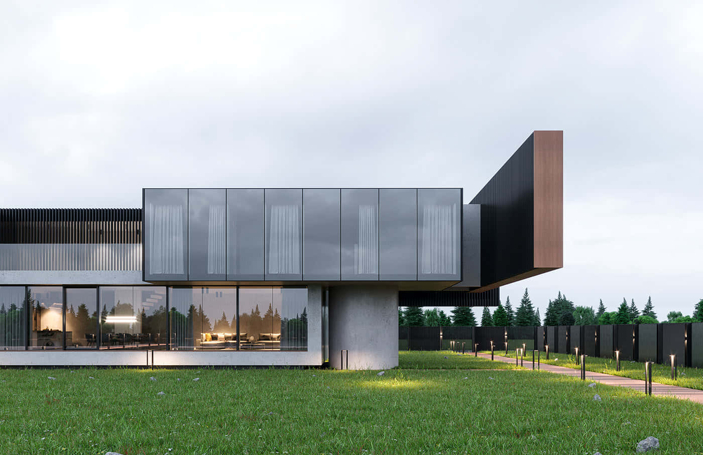 minimalist architecture, modern glass and concrete house, floating extension, HD Desktop Wallpaper