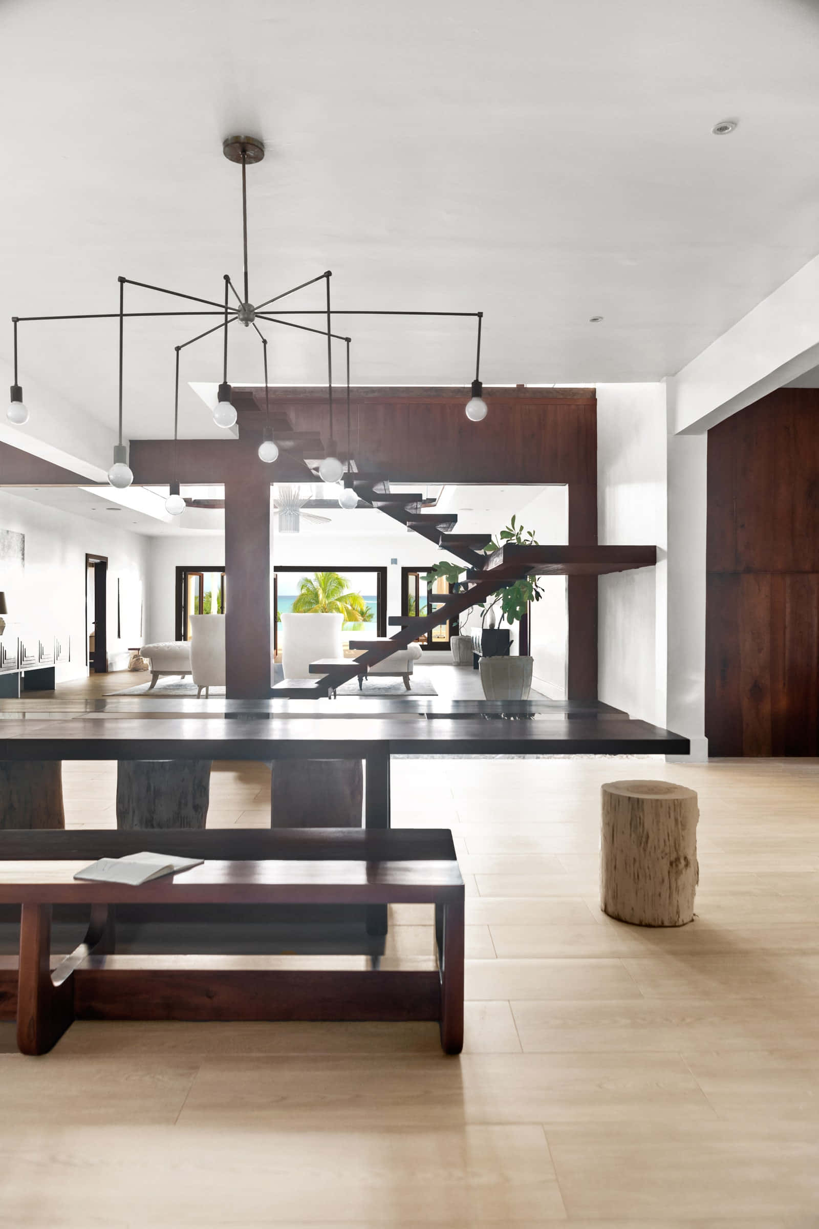 dark wood staircase, table, light floors, Full HD Phone Wallpaper