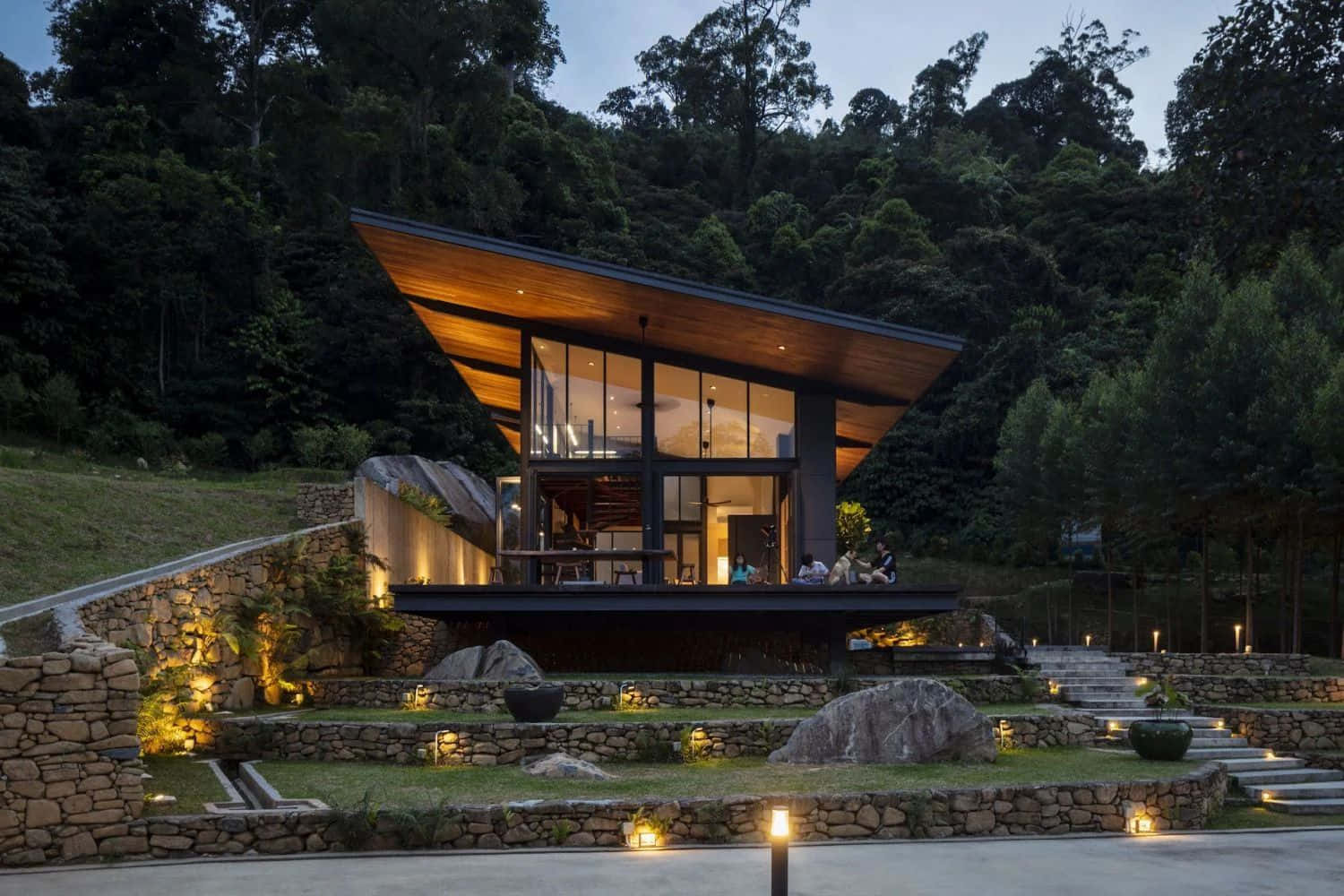 minimalist architecture, wooden house, glass walls, HD Desktop Wallpaper