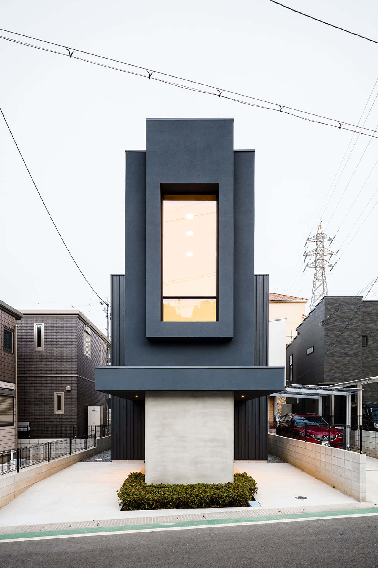minimalist architecture, black house, glowing vertical window, Full HD Phone Wallpaper