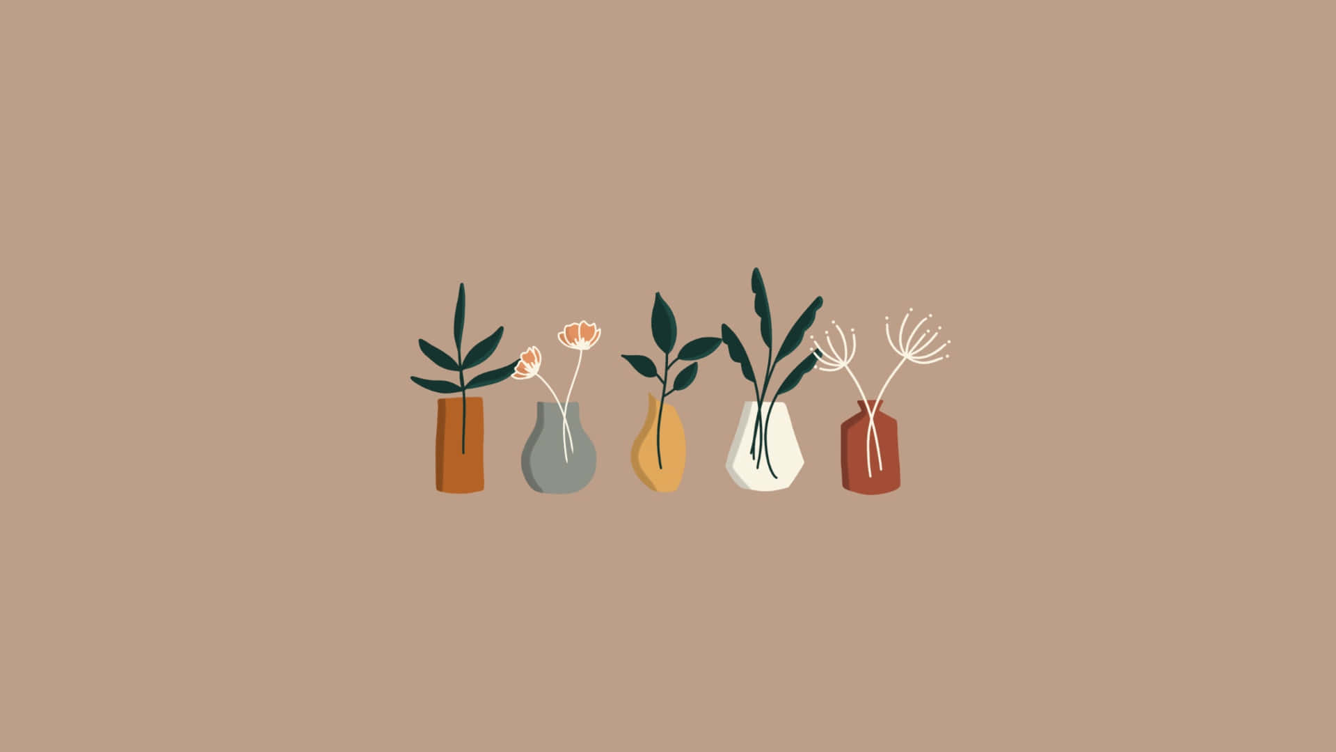 minimalist autumn, muted brown background, five minimalist illustrated vases, Full HD Desktop Wallpaper