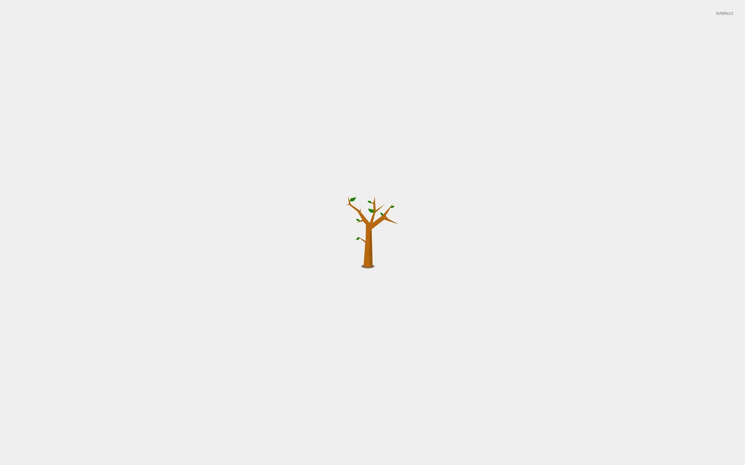 Minimalist Autumn, brown trunk, sparse green leaves, 2K Desktop Wallpaper