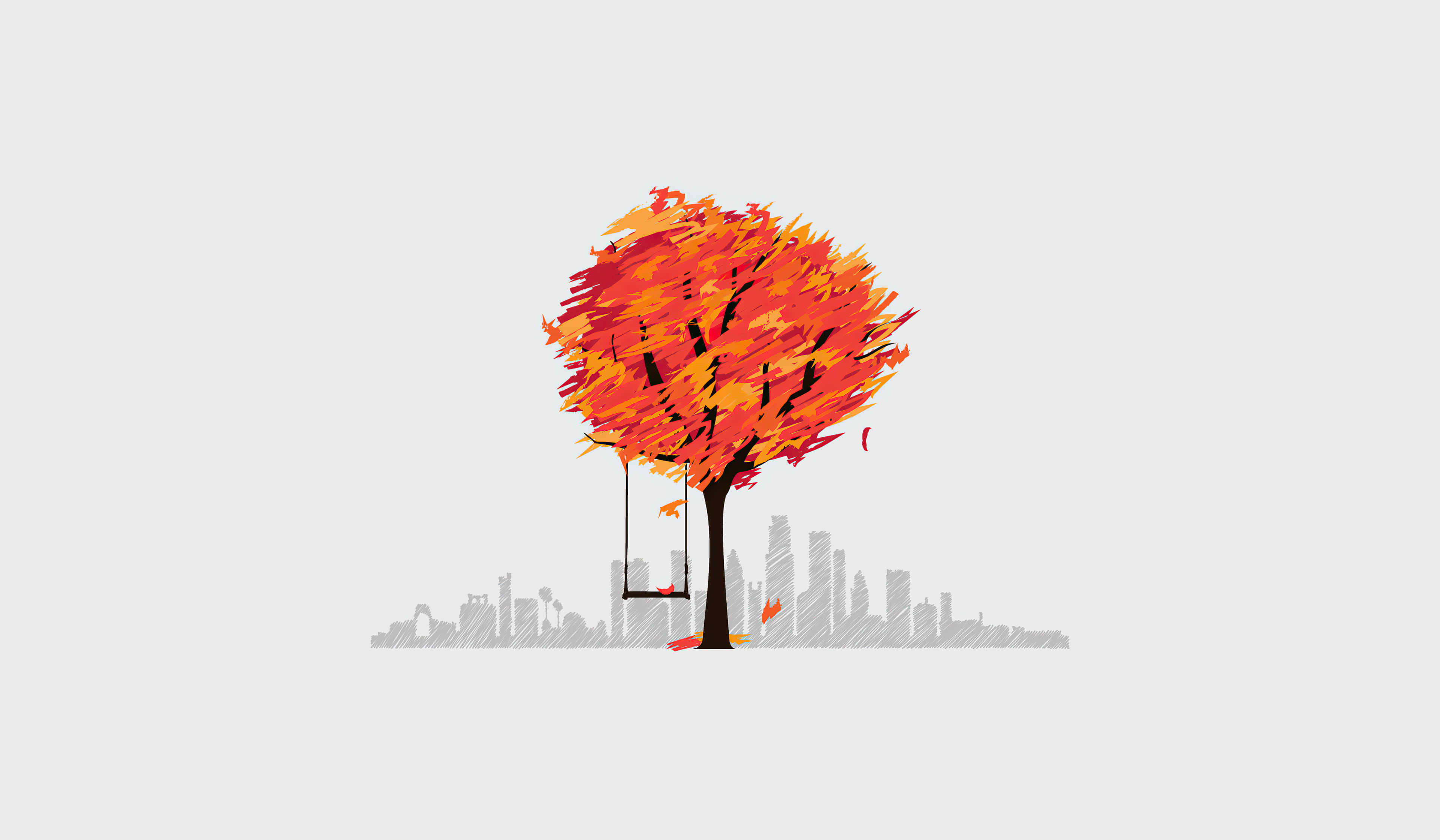 minimalist autumn, vibrant orange tree, swing, 4K Desktop Wallpaper