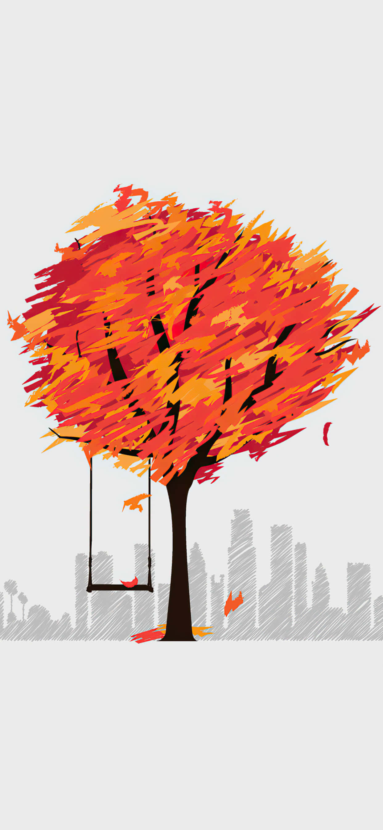minimalist autumn, fiery orange leaves, swing, 2K Phone Wallpaper