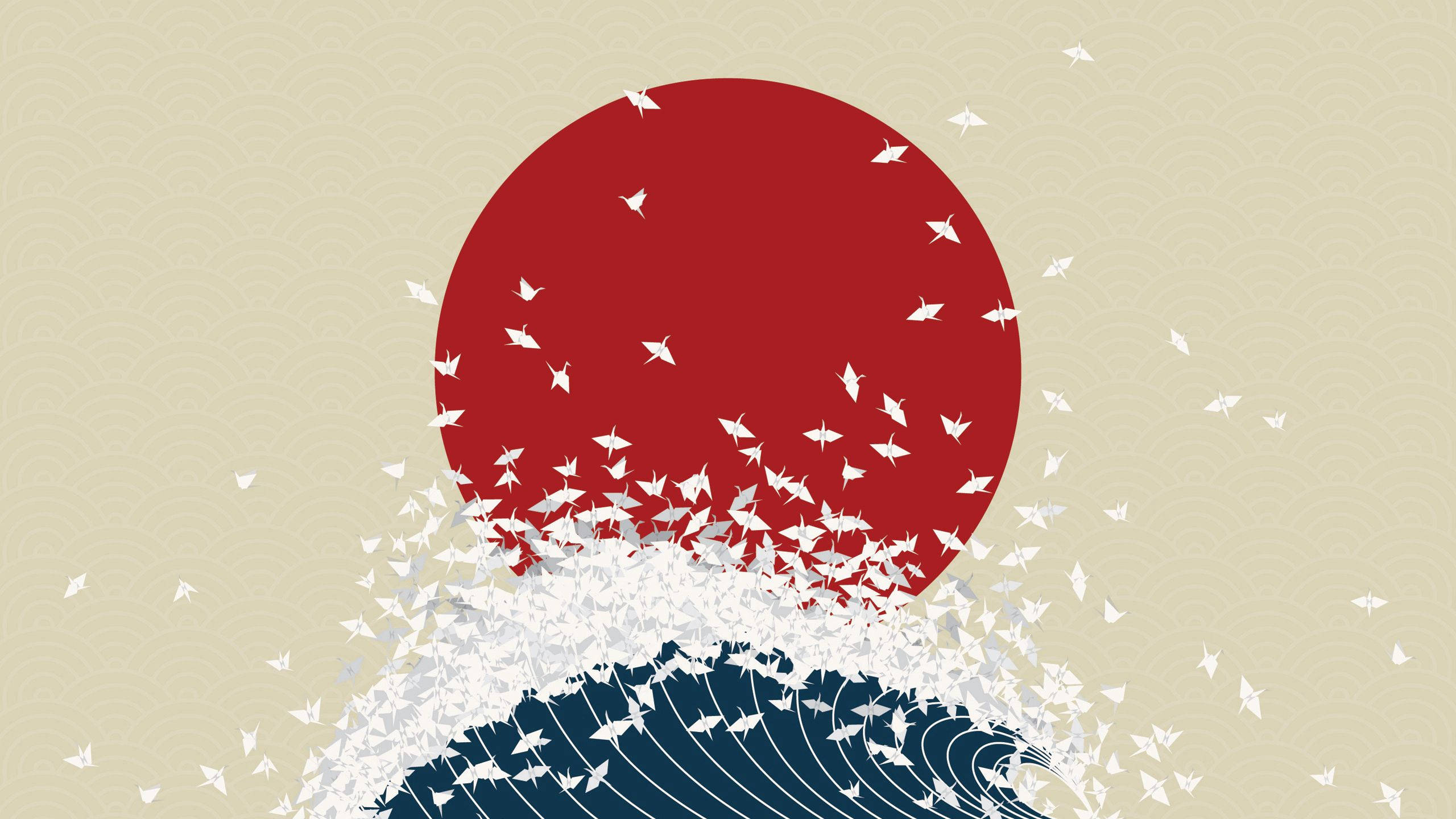 Minimal Japan, red sun, blue wave, 2K Desktop Wallpaper