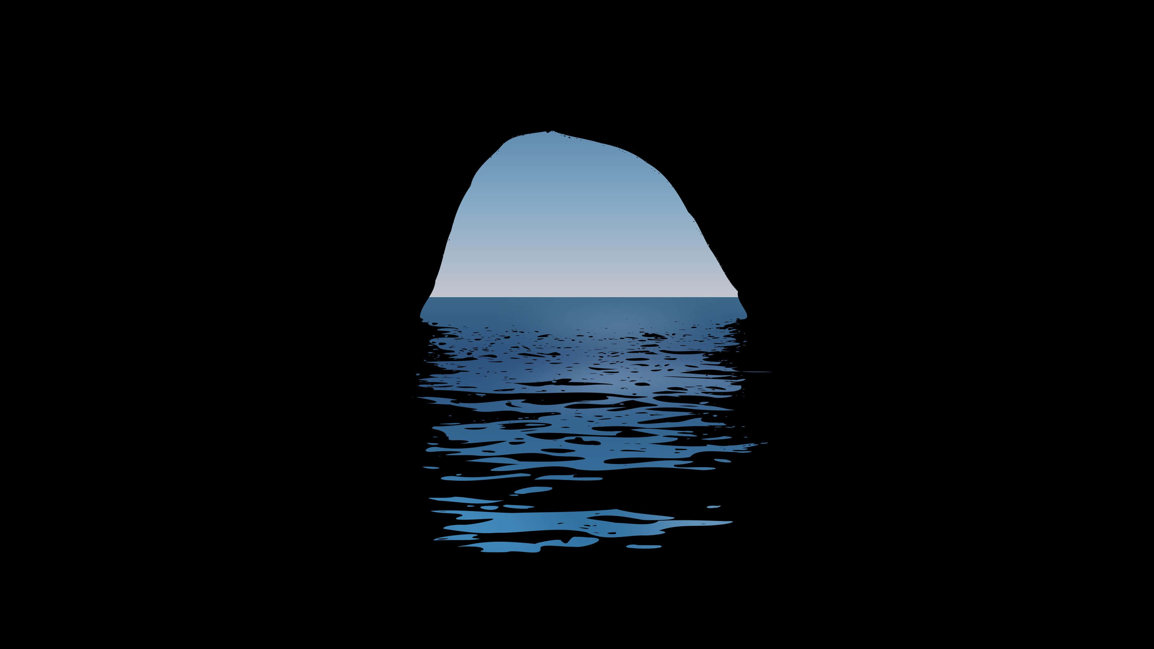 minimalist ocean, dark cave opening, serene blue ocean, 4K Desktop Wallpaper