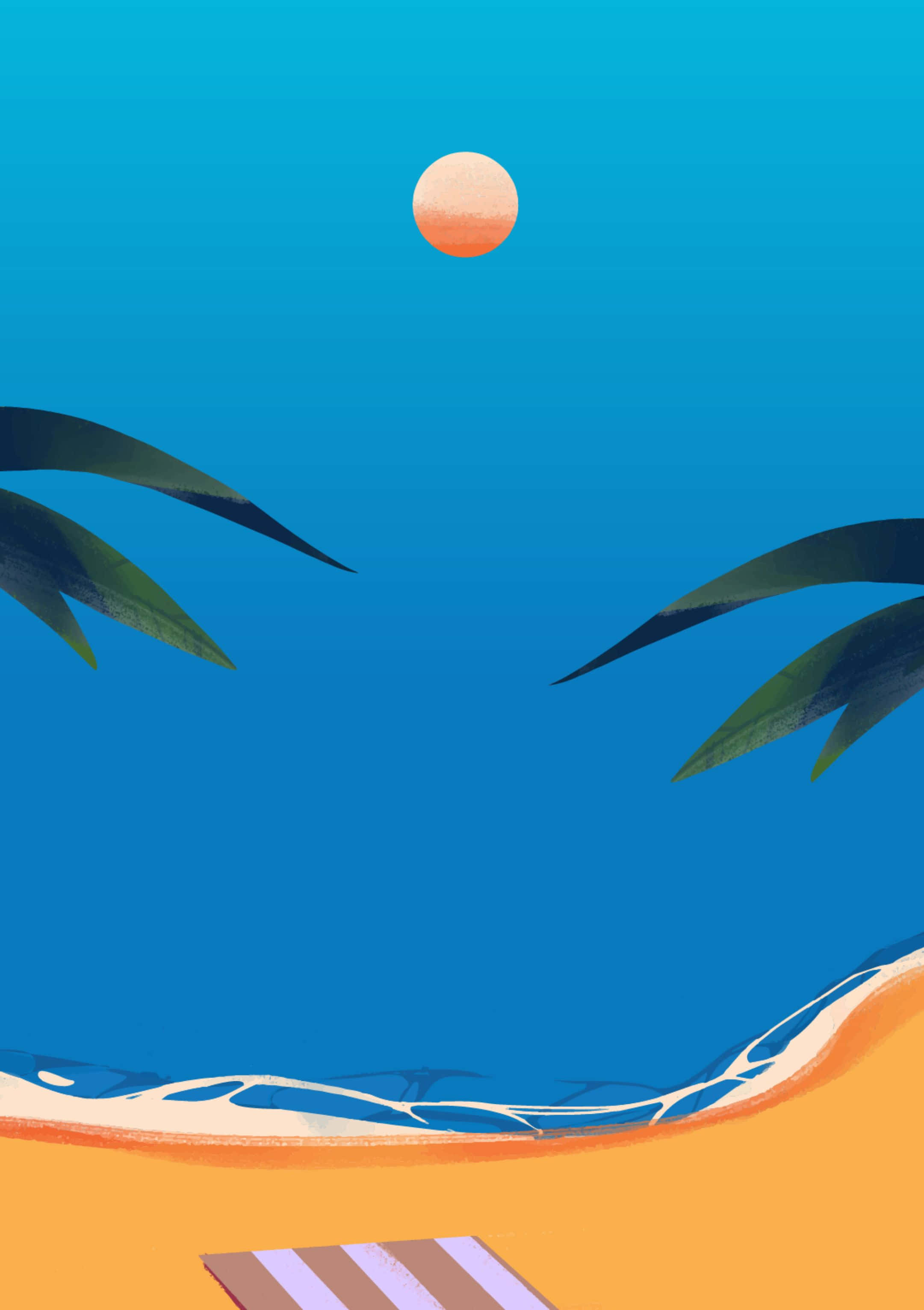 minimalist beach, palm fronds, bright orange sun, 2K Phone Wallpaper