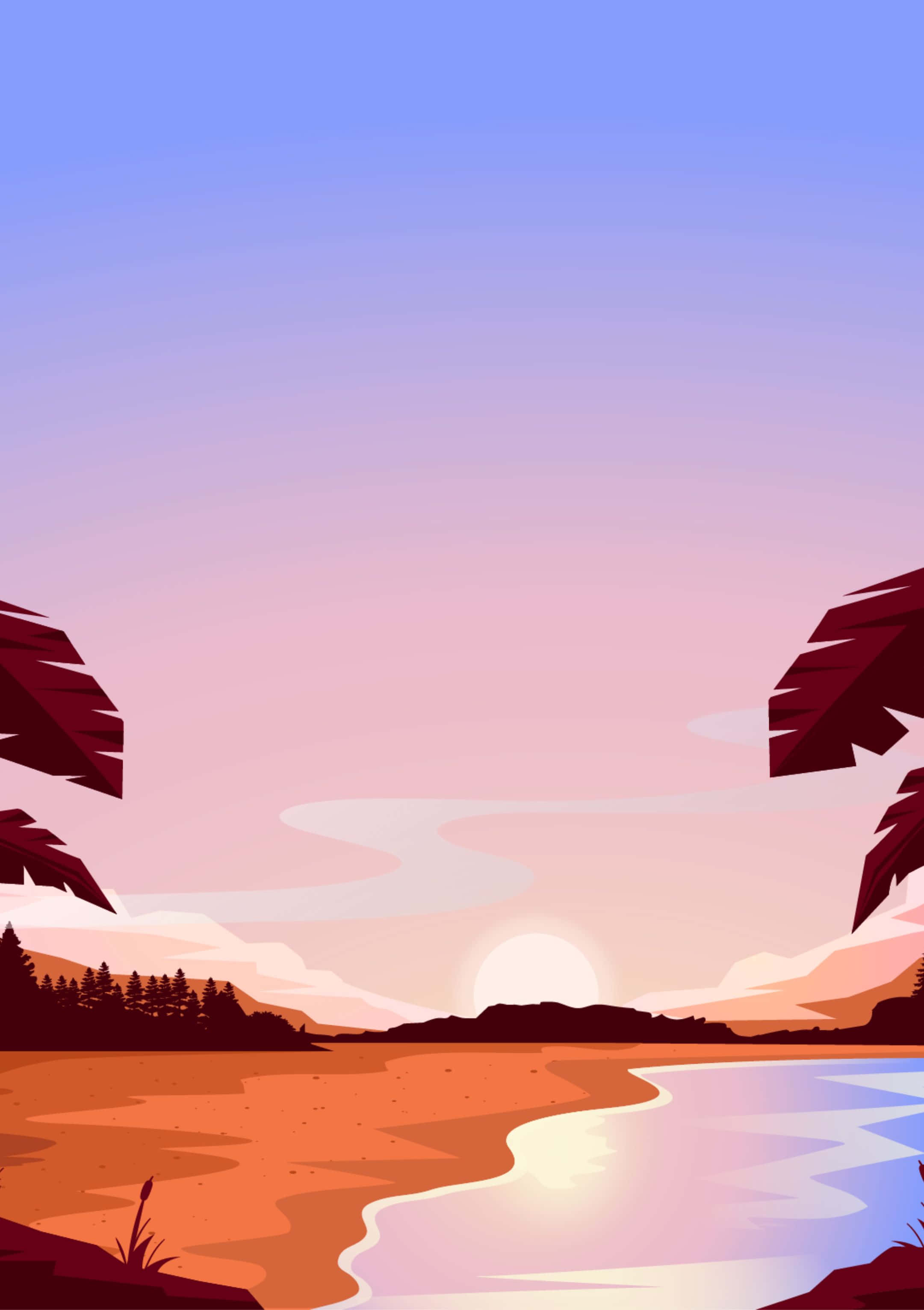 minimalist beach, sunset, calm lake, 2K Phone Wallpaper
