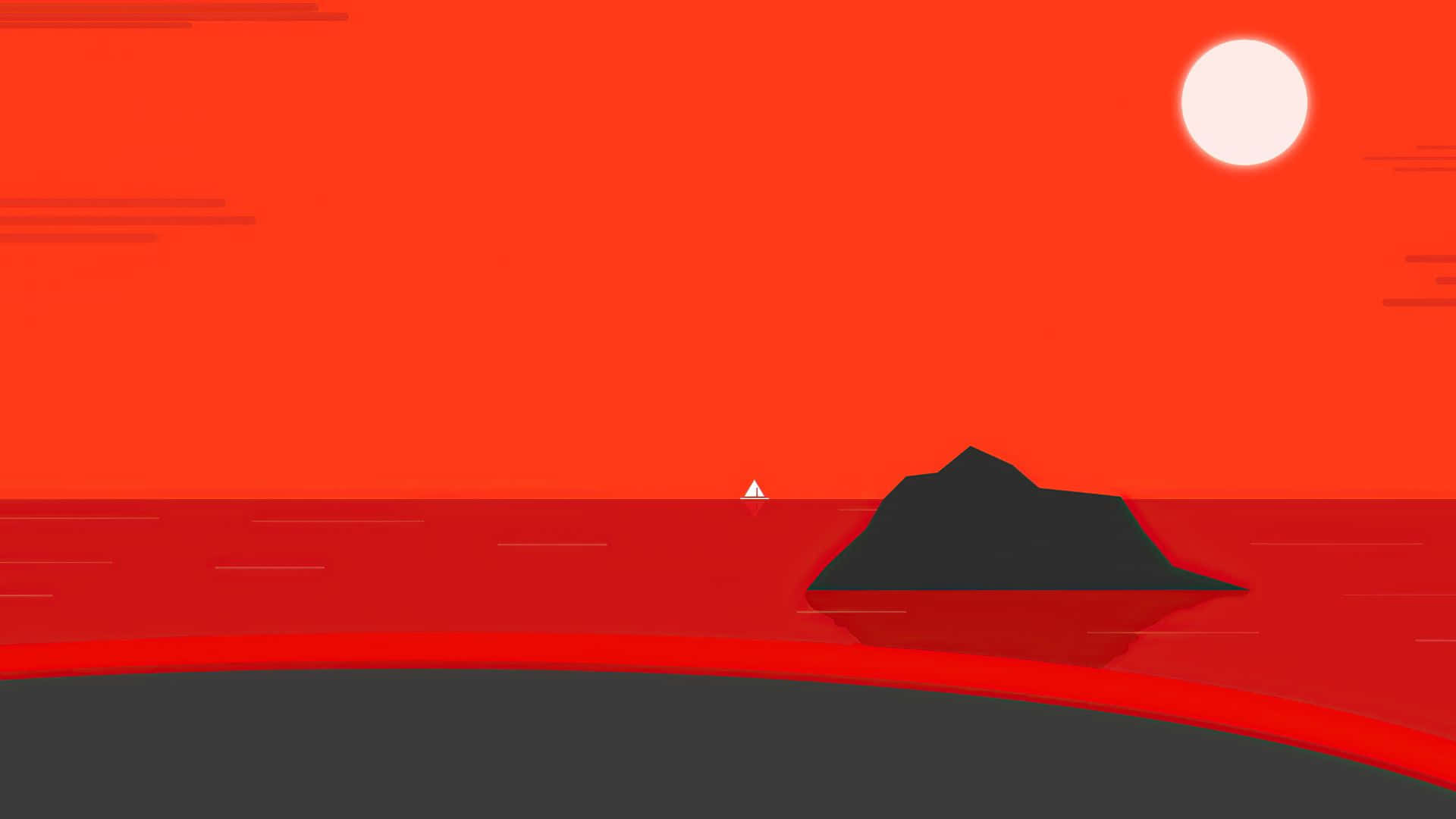 minimalist beach, dark island silhouette, blazing red sunset sky, Full HD Desktop Wallpaper