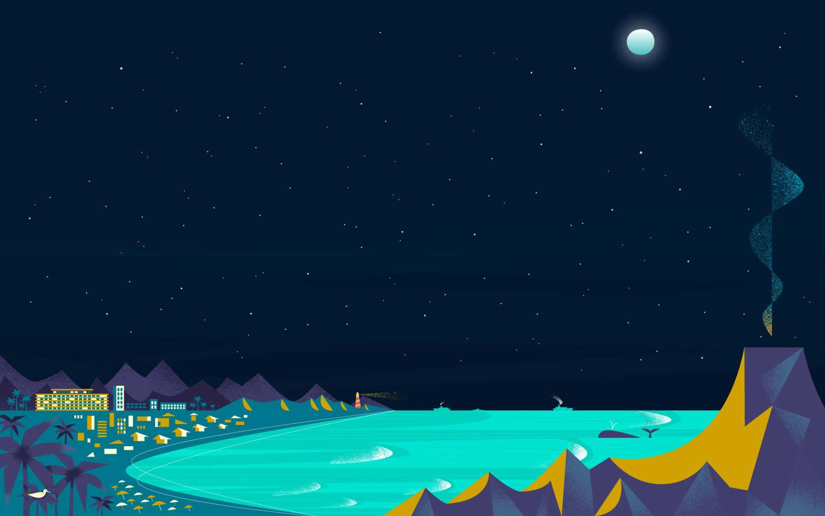Minimalist Beach, turquoise bay, starry sky, HD Desktop Wallpaper