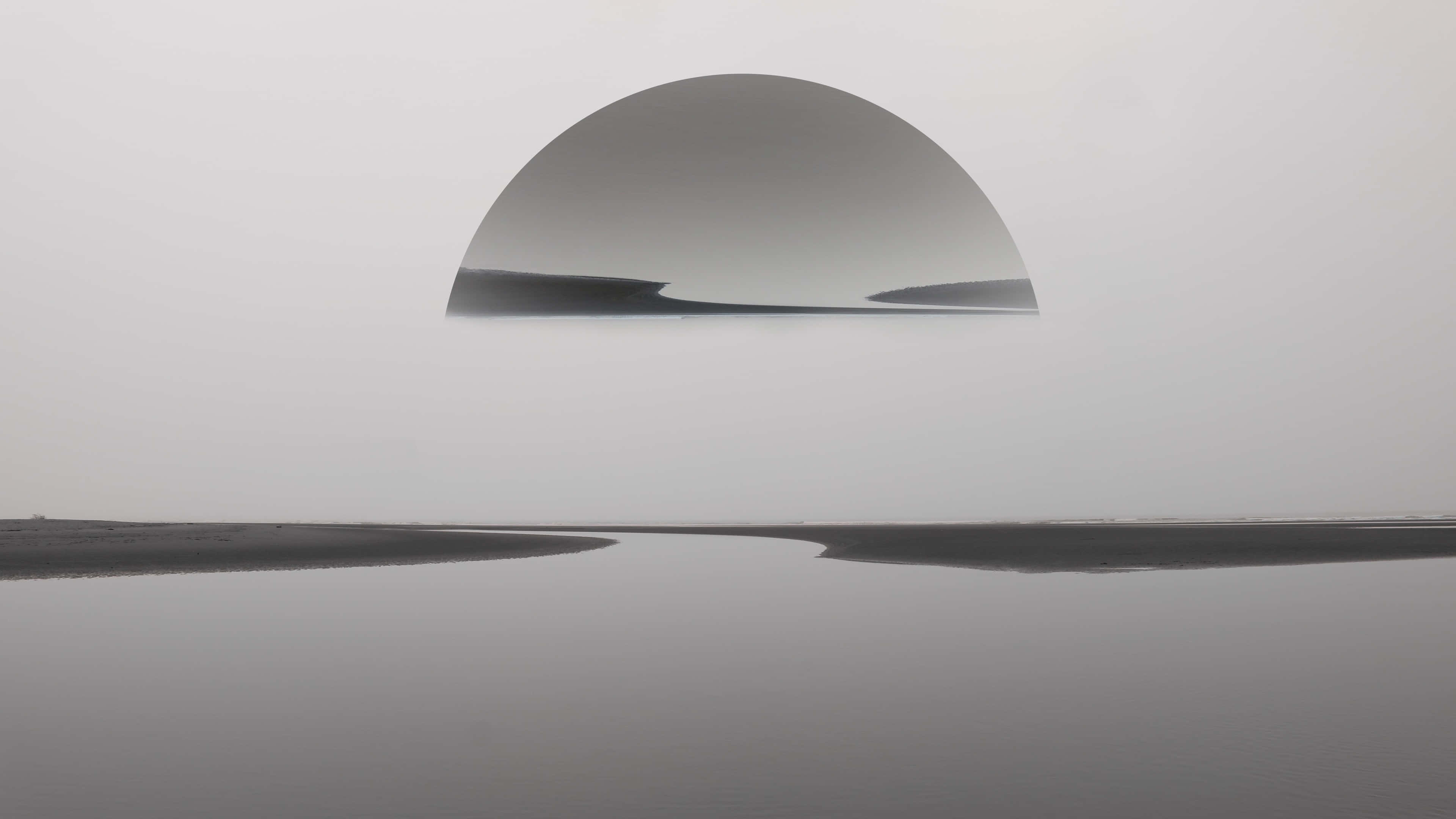 minimalist black and white, reflective dome, calm water surface, 4K Desktop Wallpaper