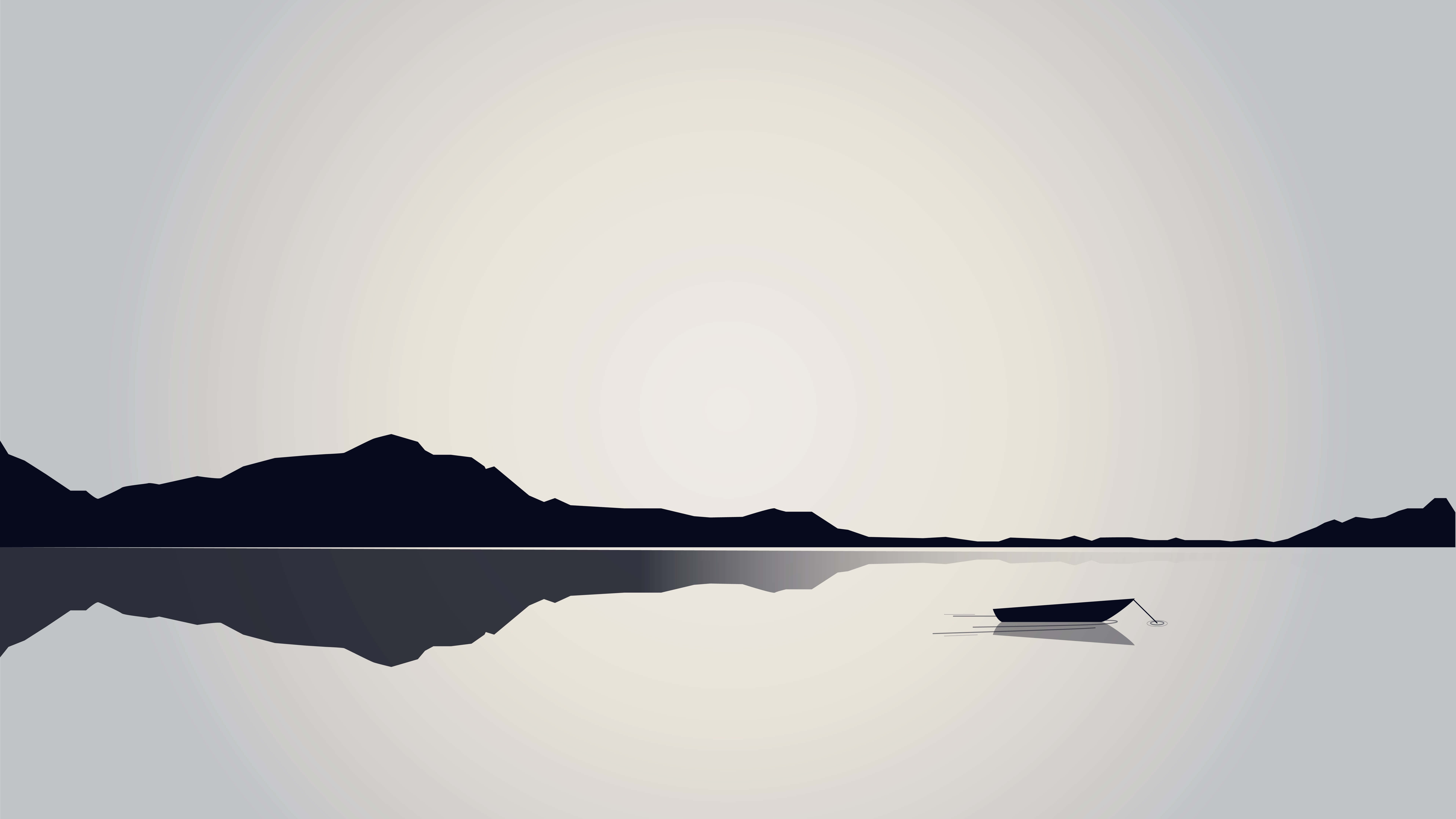 minimalist black and white, silhouette, lone boat, 8K Desktop Wallpaper