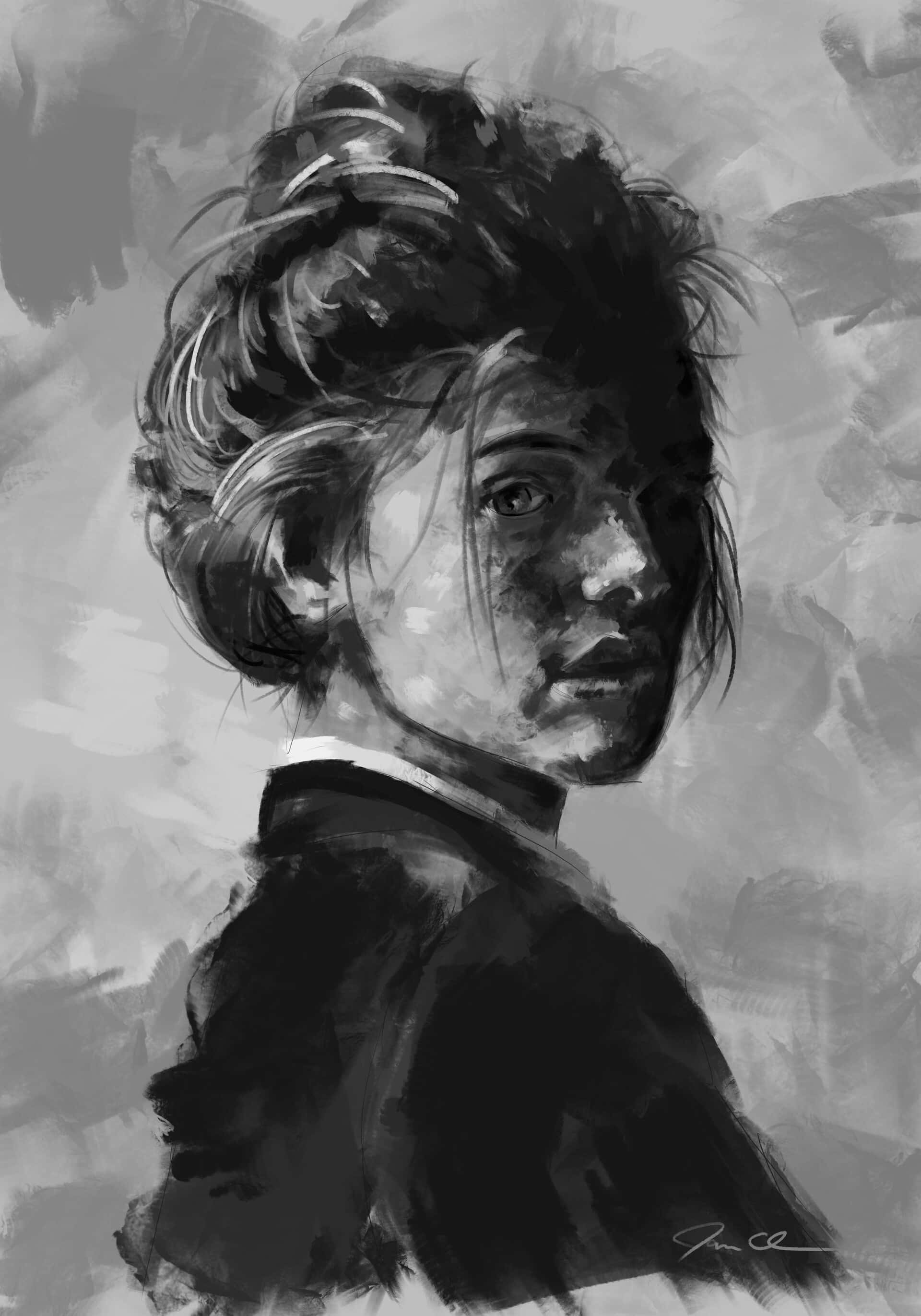 black and white painting, 1920 x 2743 wallpaper, moody monochrome portrait, 2K Phone Wallpaper