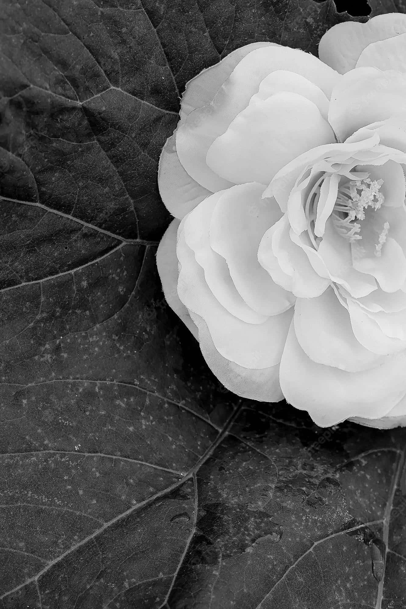 minimalist black and white, white flower, textured dark leaf, Full HD Phone Wallpaper