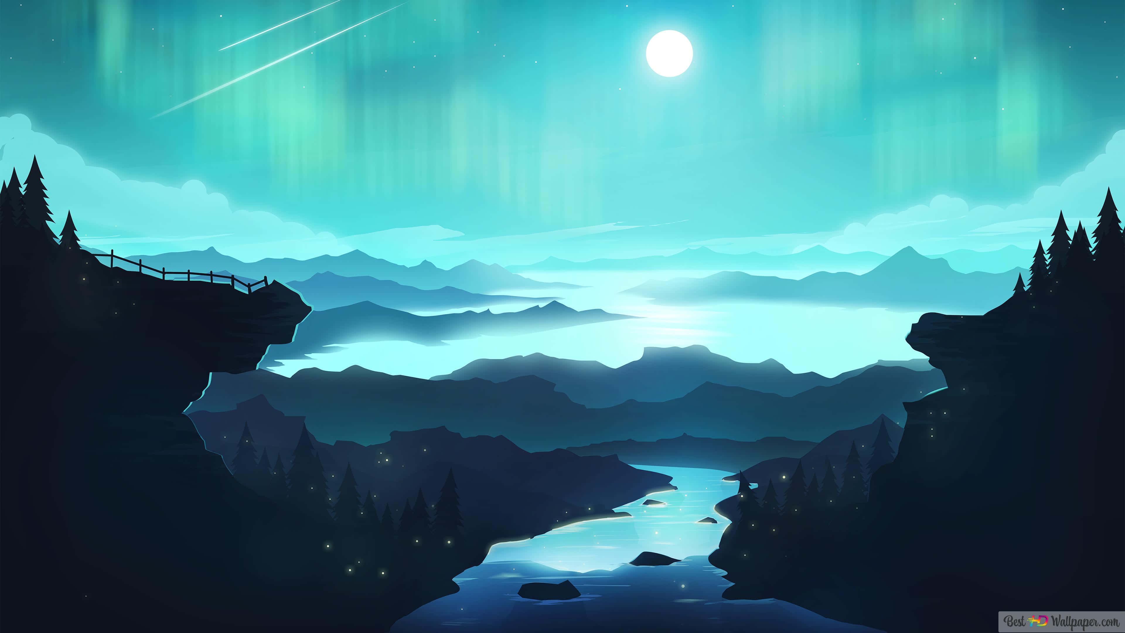 minimalist blue, glowing moon, green aurora, 4K Desktop Wallpaper