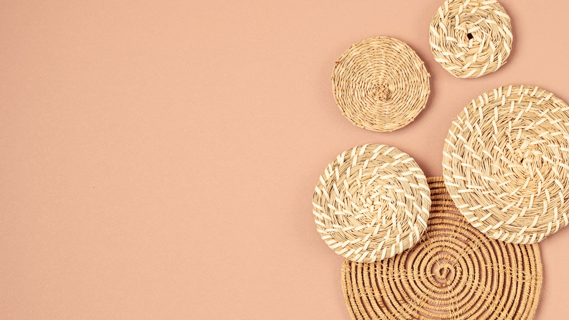minimalist boho woven decor, woven straw coasters, peach background, Full HD Desktop Wallpaper