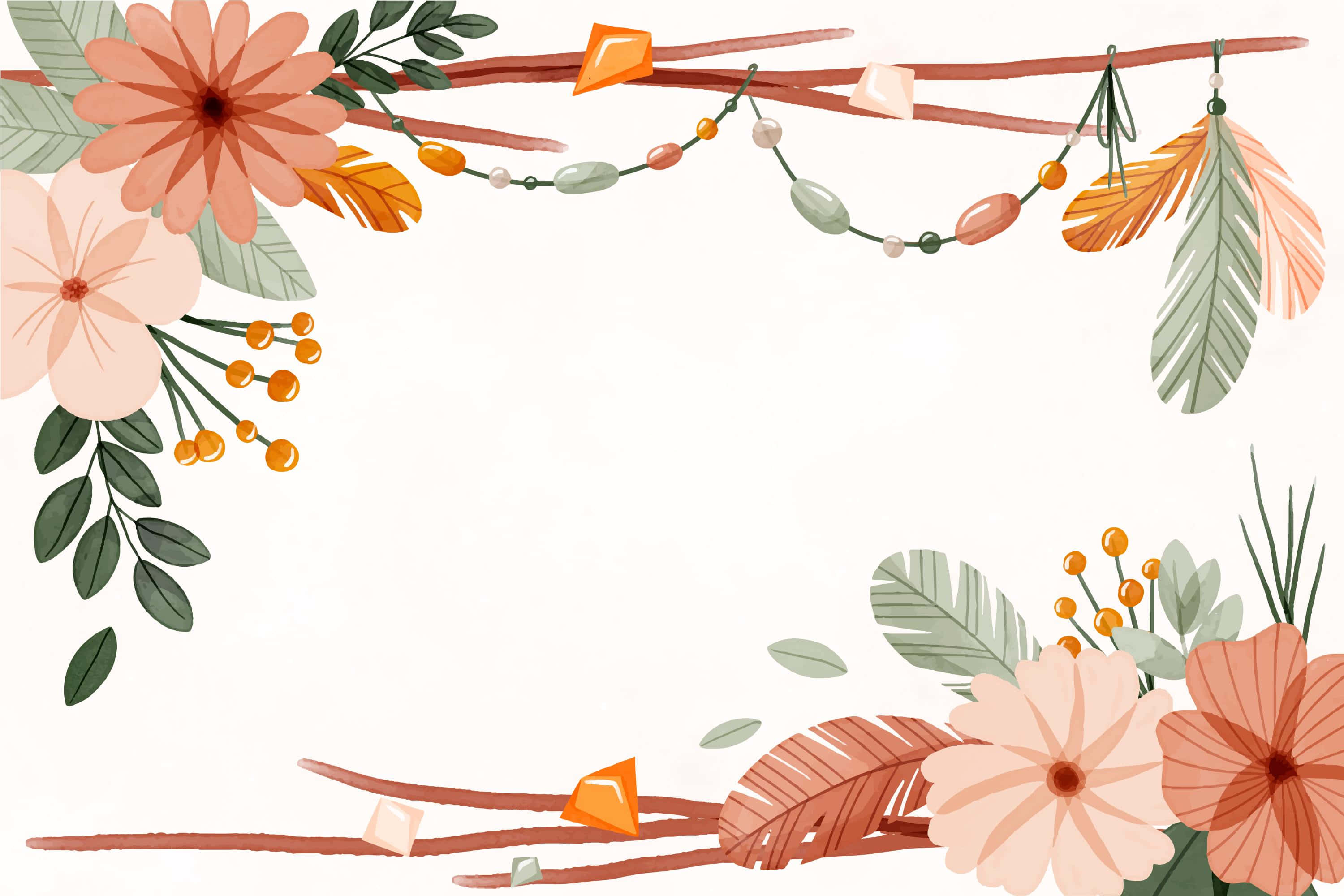boho computer, watercolor floral border, peach flowers, 2K Desktop Wallpaper
