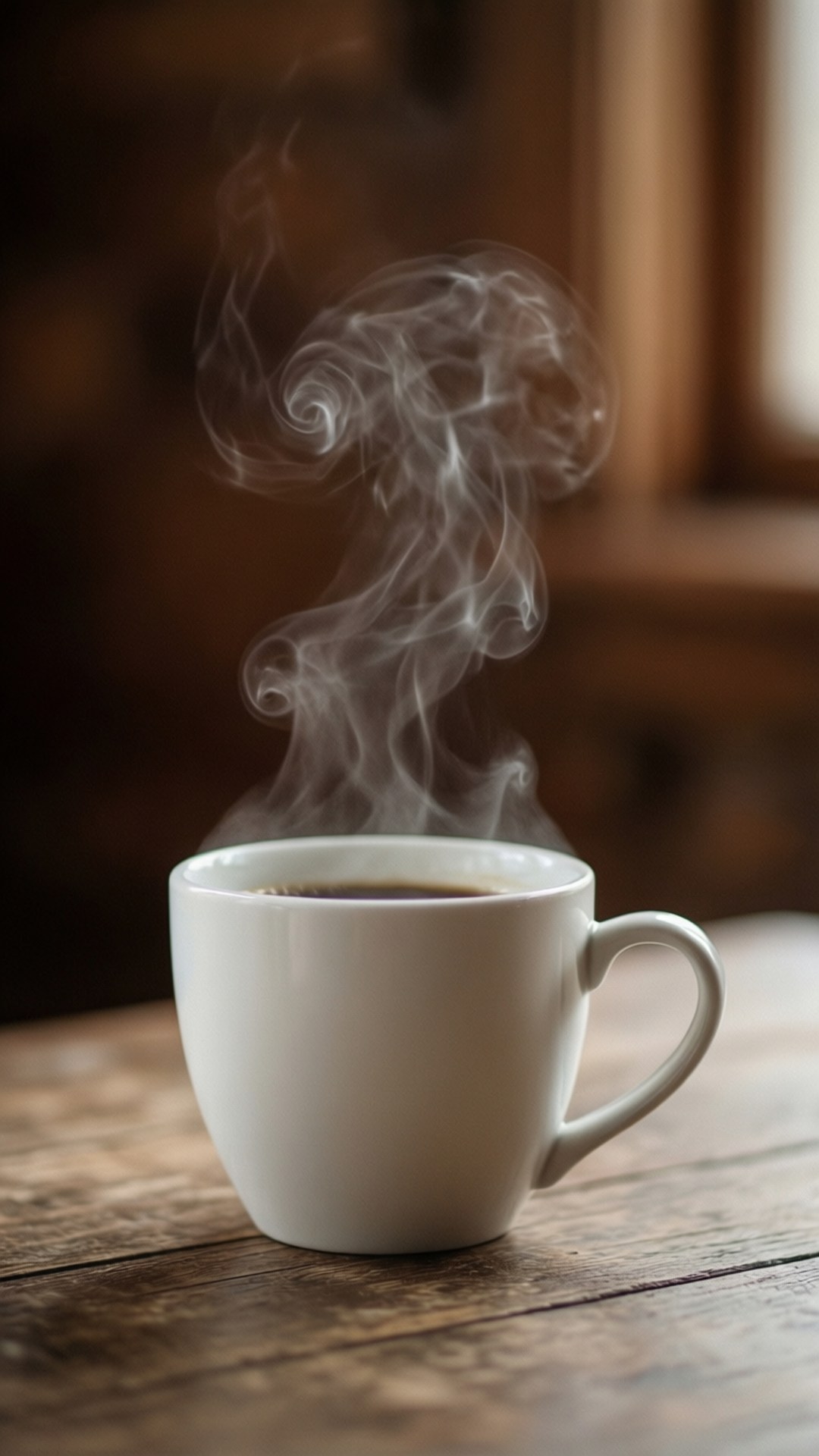 steaming white coffee cup, rustic wooden table, soft natural light, Full HD Phone Wallpaper