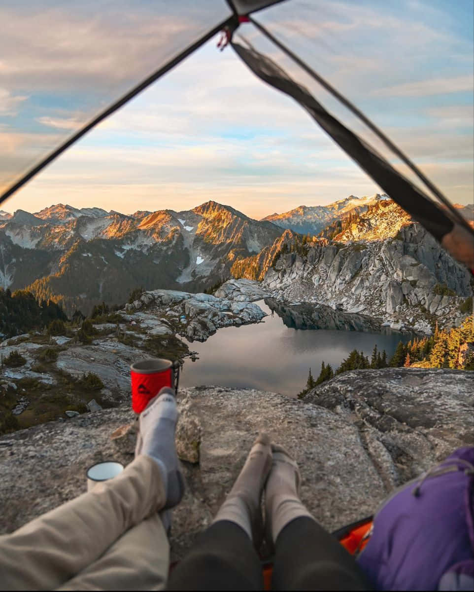 minimalist camping, tent, mountain lake, SD Phone Wallpaper
