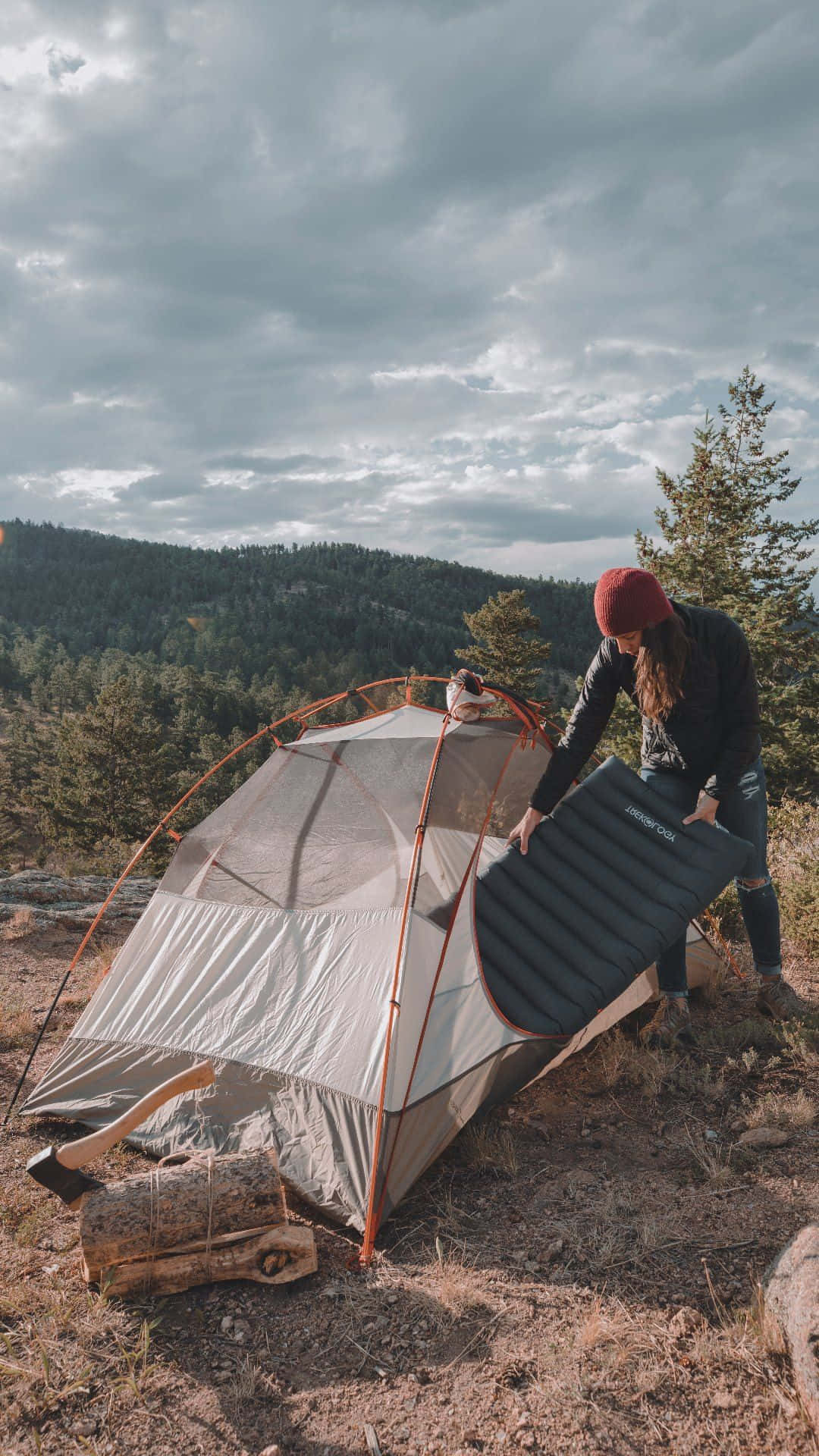 minimalist camping, gray tent, forested hillside, Full HD Phone Wallpaper