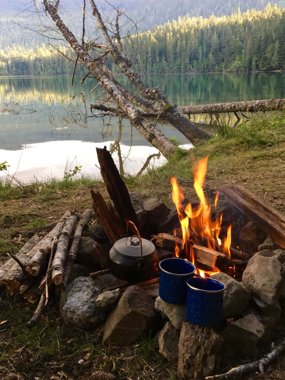 campfire, tranquil lake, kettle, HD Phone Wallpaper