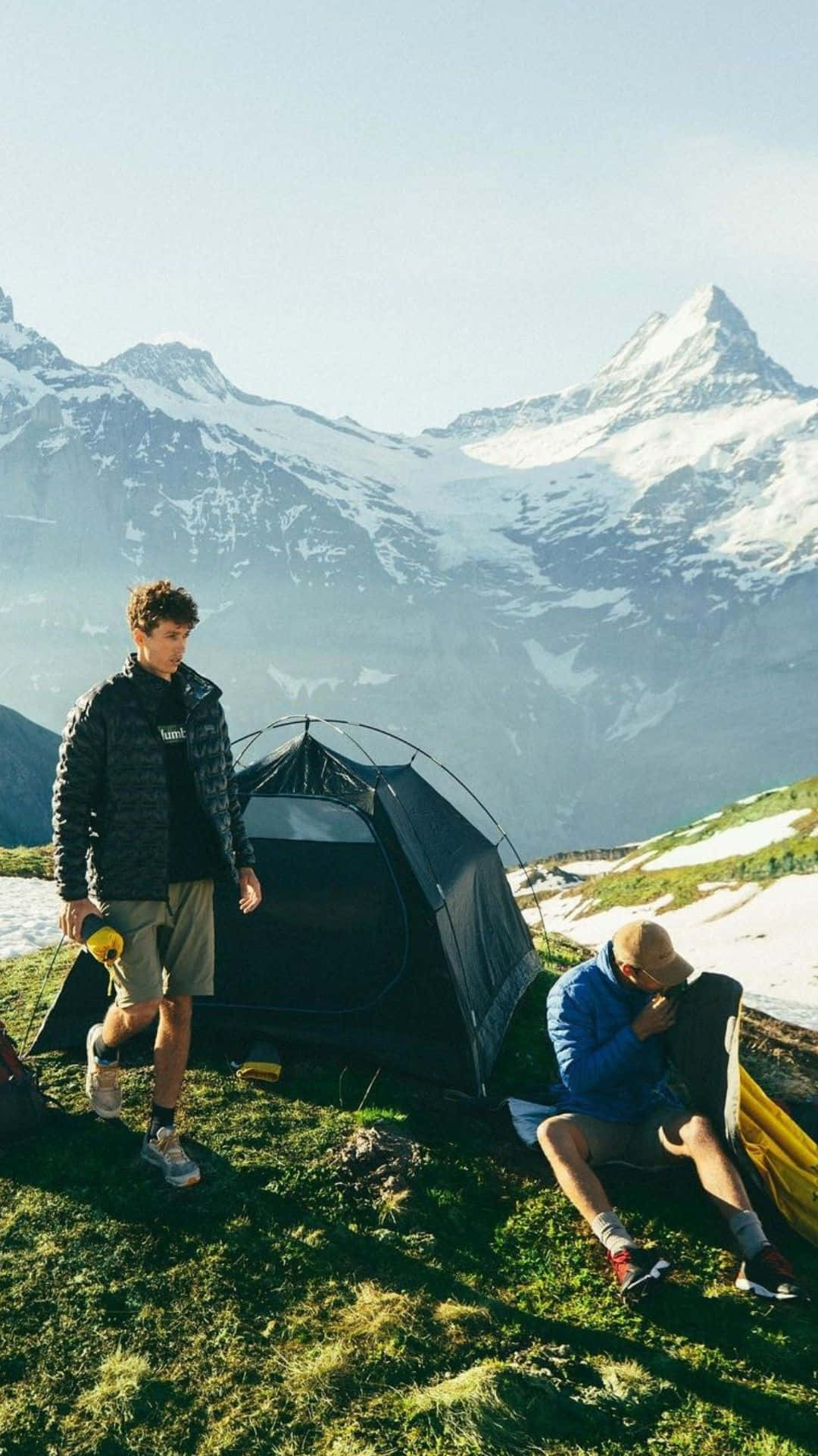 black tent, grassy slope, snow-capped mountains, Full HD Phone Wallpaper