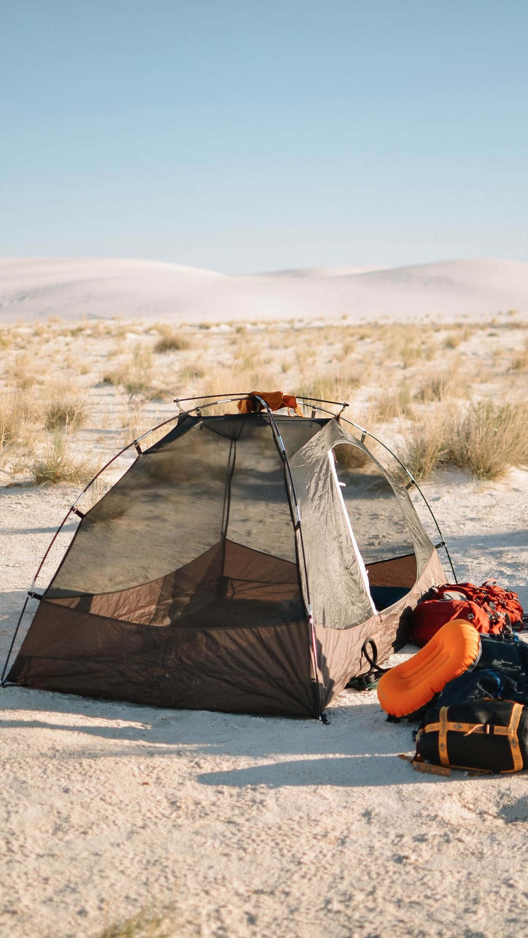 camping tent, gear, vast desert, Full HD Phone Wallpaper
