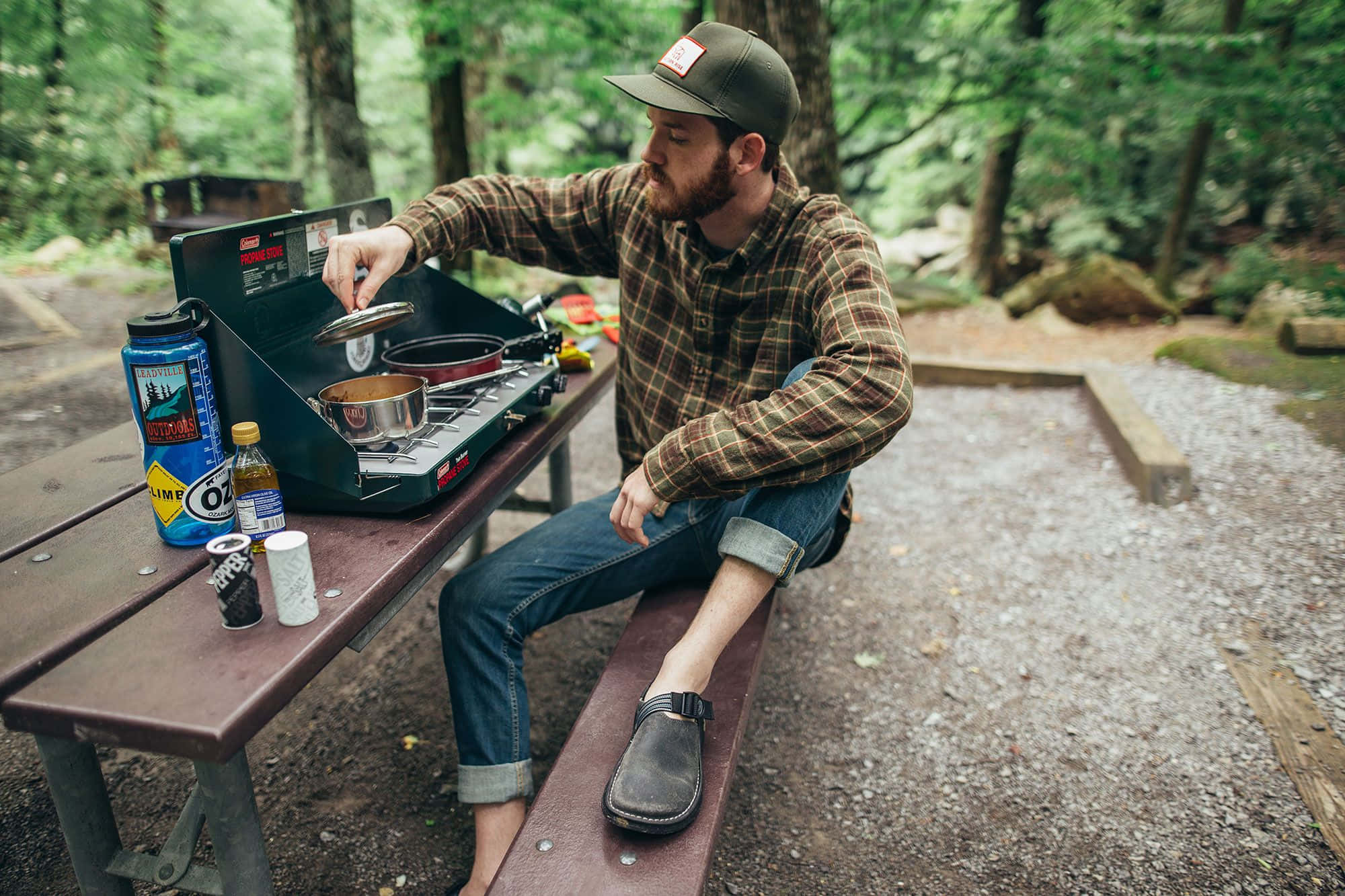 bearded man, plaid shirt, portable stove, Full HD Desktop Wallpaper
