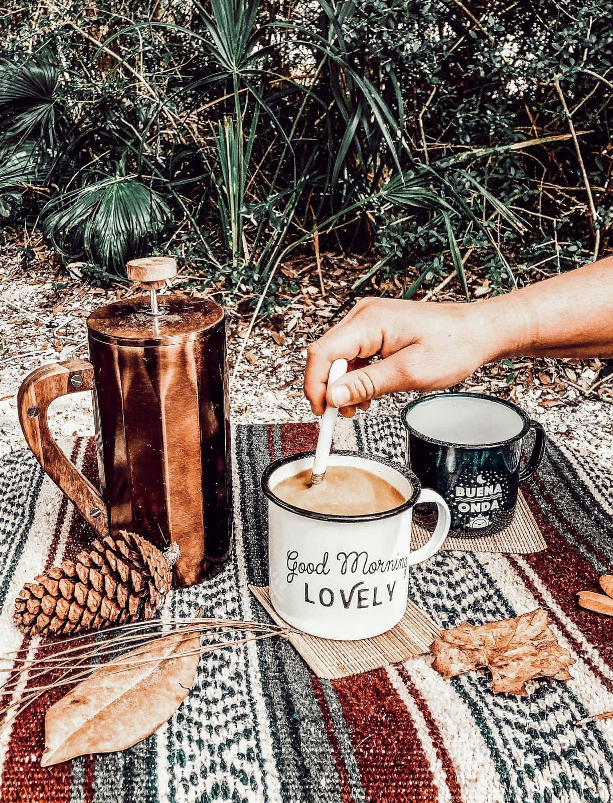 Good Morning LOVELY, copper French press, pinecones, HD Phone Wallpaper