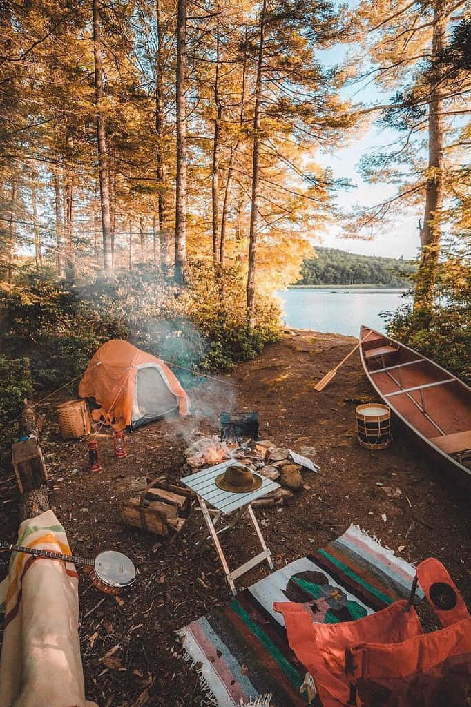 minimalist camping, autumn woods, calm lake, SD Phone Wallpaper