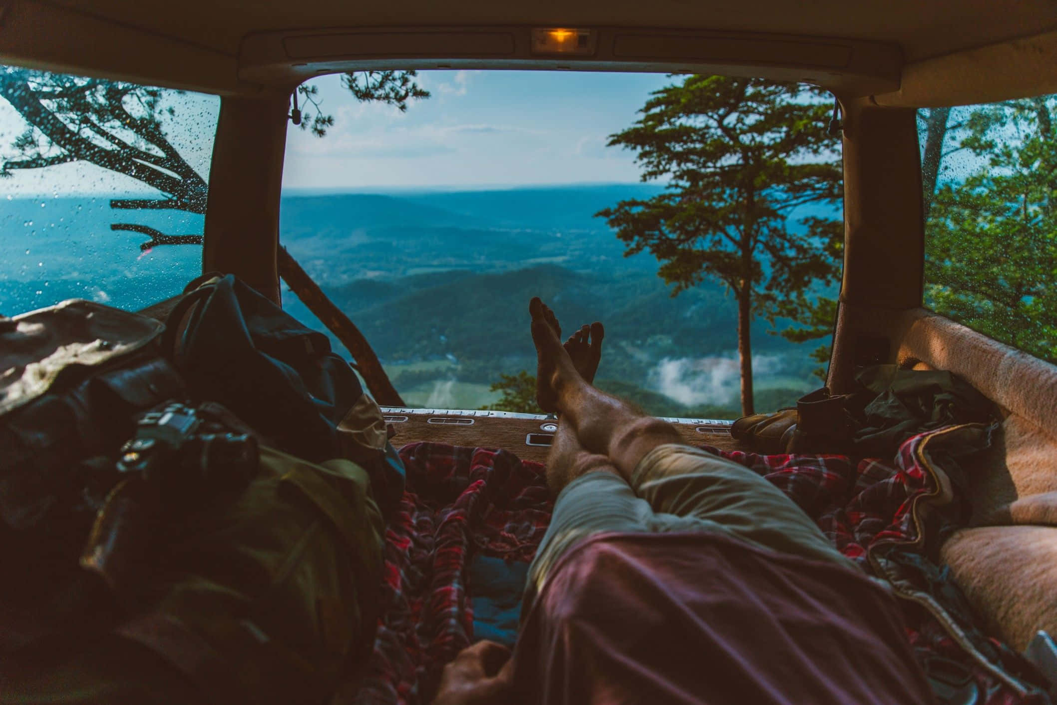 minimalist camping, van bed, misty mountain valley, Full HD Desktop Wallpaper