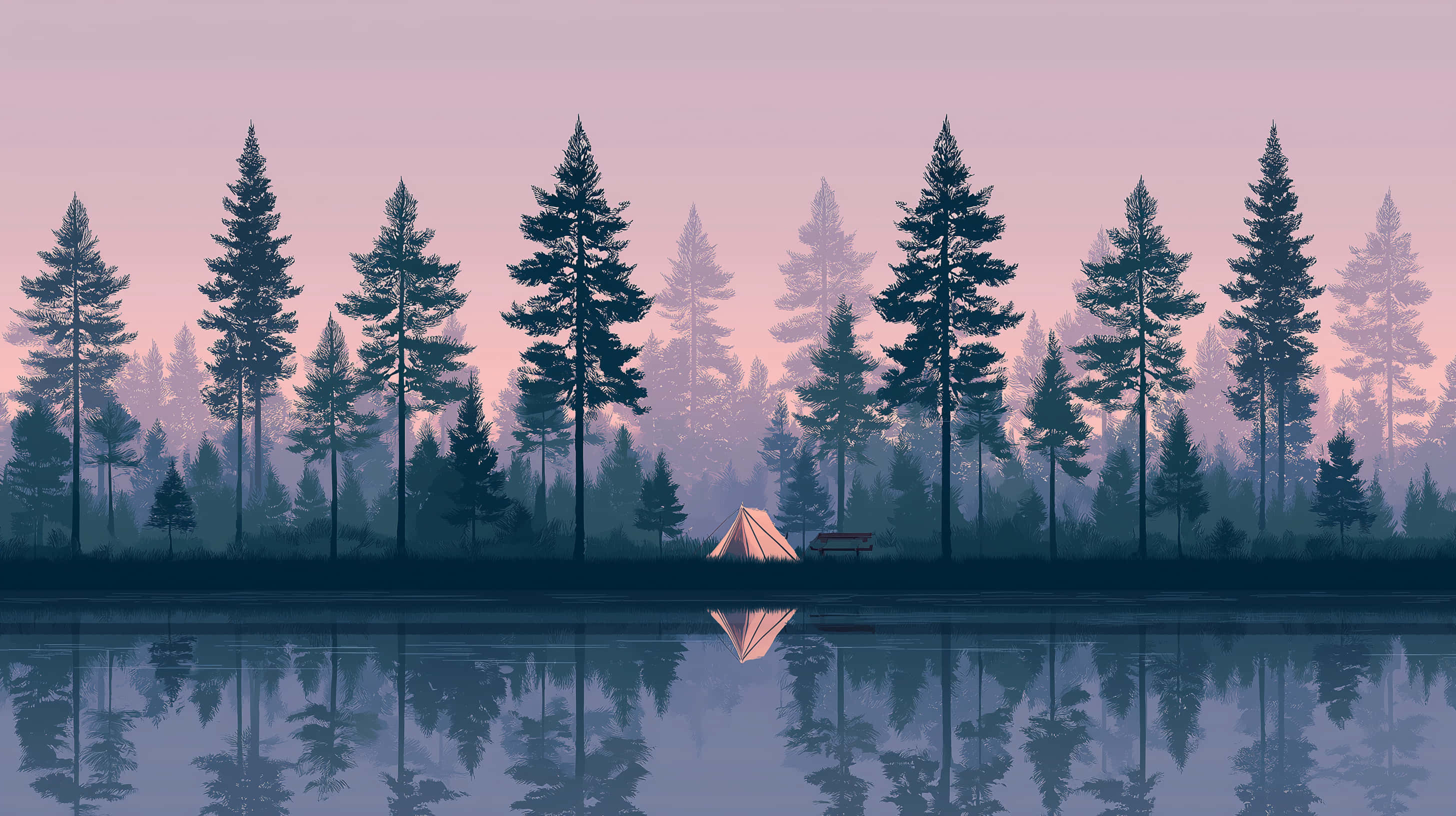 tent, bench, misty lake, 2K Desktop Wallpaper