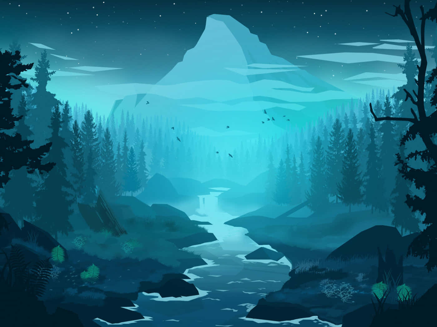 glowing river, dense forest, majestic mountain, HD Desktop Wallpaper