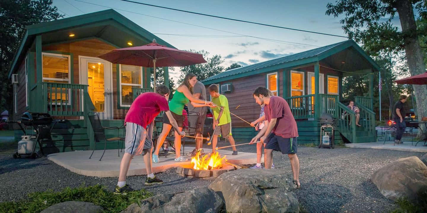 campfire, cozy cabins, dusk, HD Desktop Wallpaper