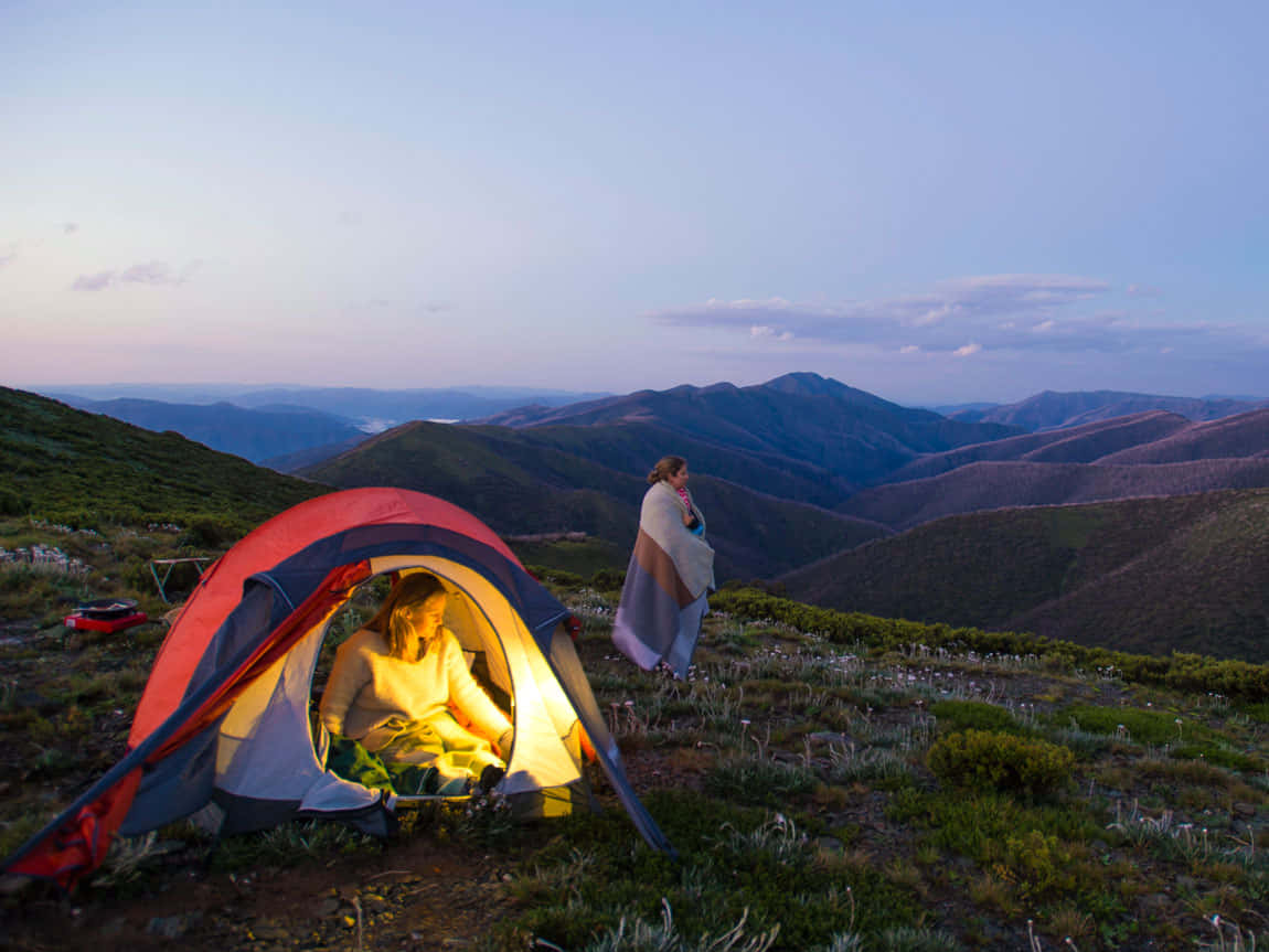 glowing tent, mountain ridge, dusk, SD Desktop Wallpaper