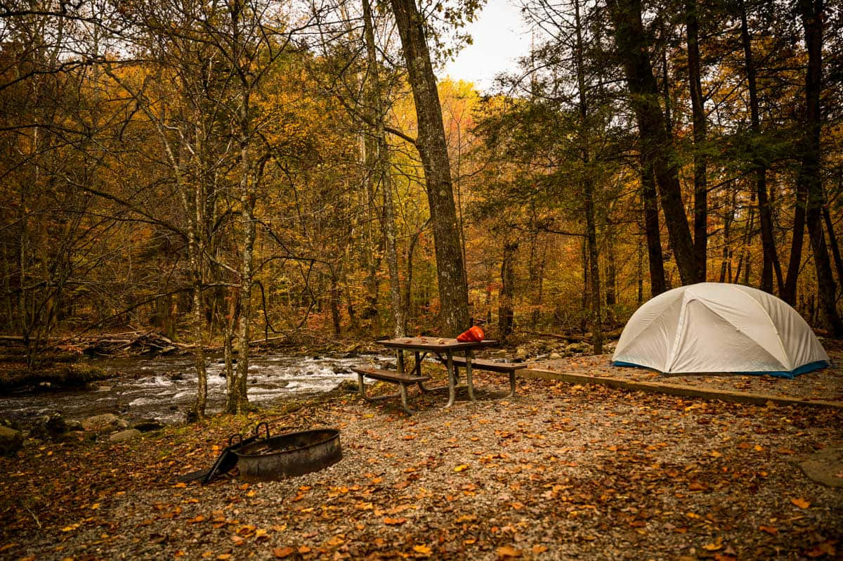 white tent, picnic table, rushing creek, SD Desktop Wallpaper