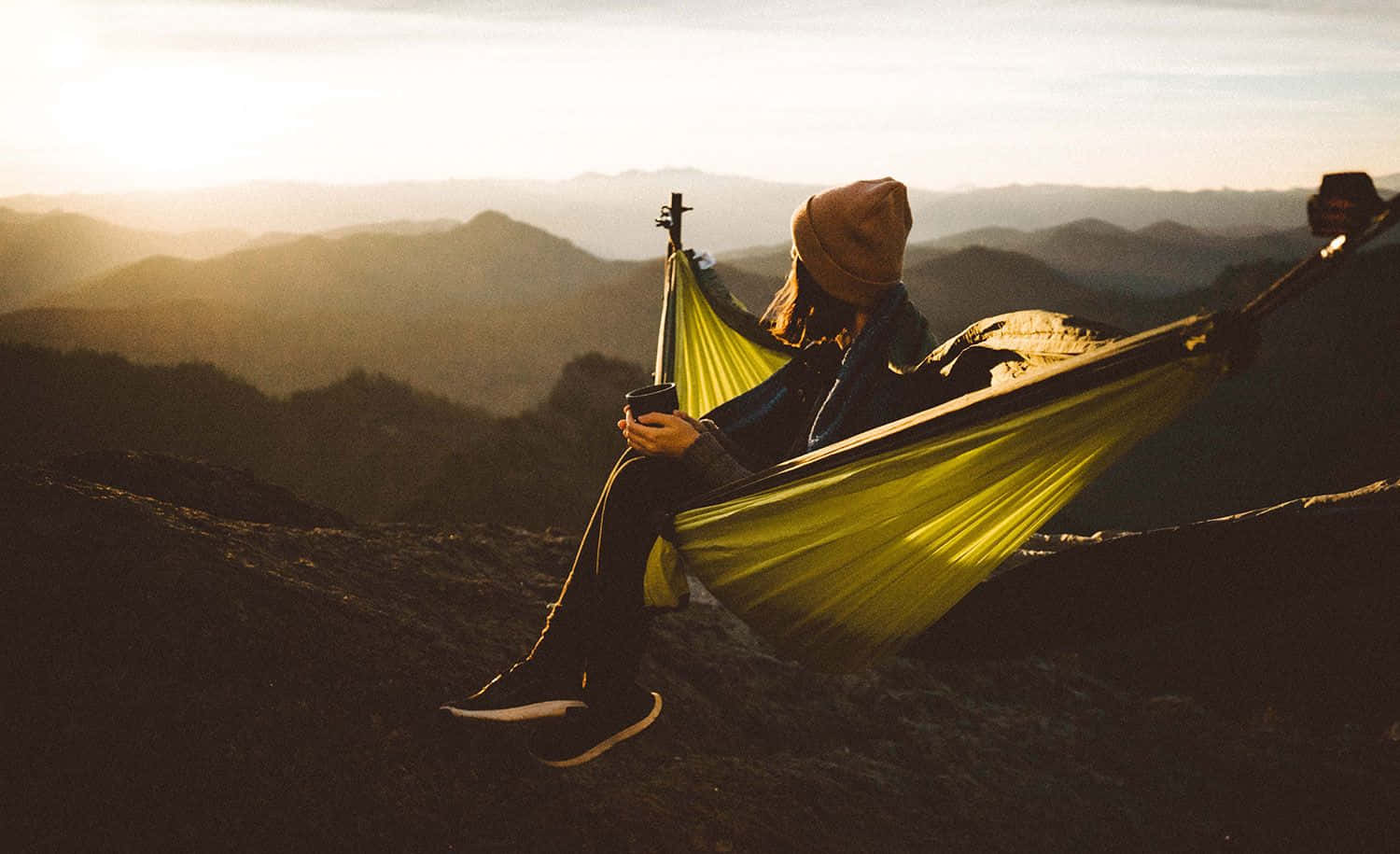 minimalist camping, bright yellow hammock, mountain ridge, HD Desktop Wallpaper