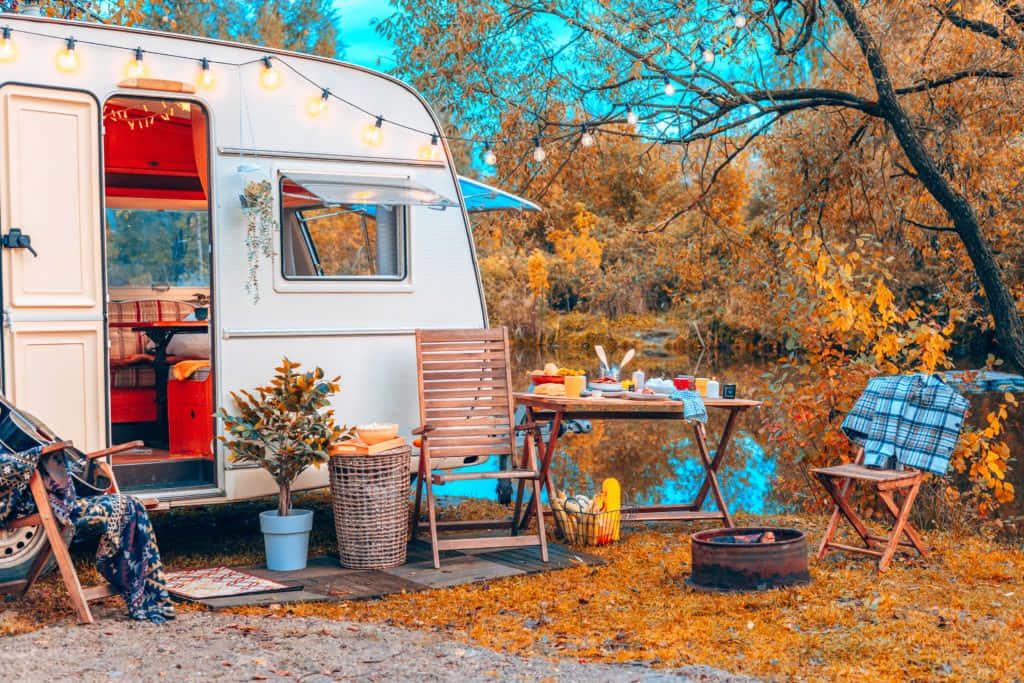 vintage camper, river, autumn trees, SD Desktop Wallpaper
