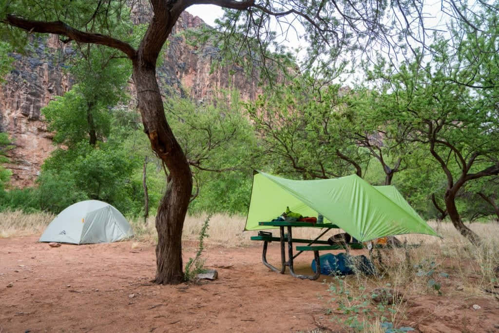 green tarp, picnic table, gray tent, SD Desktop Wallpaper
