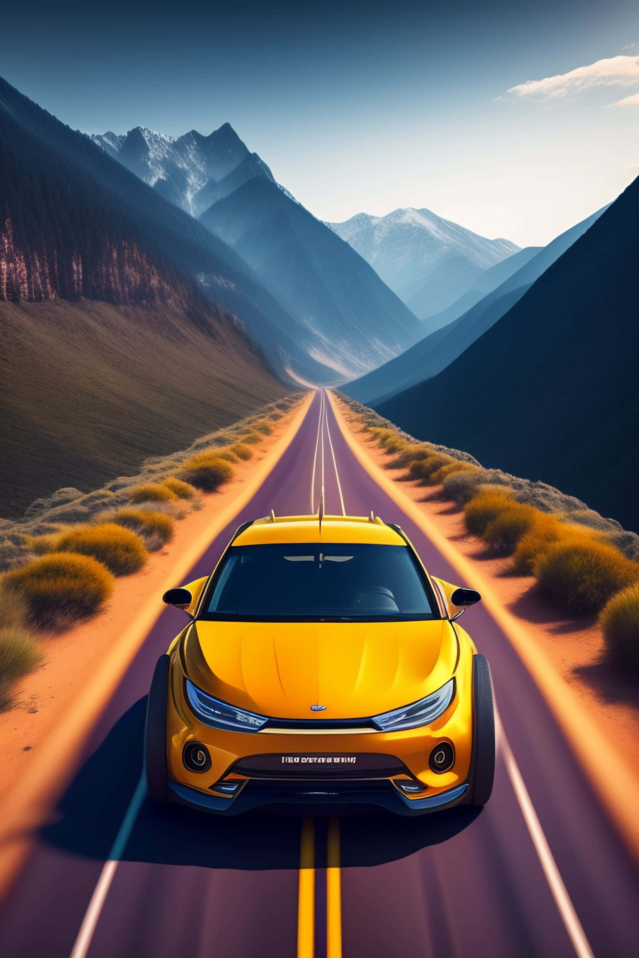 vibrant yellow sports car, winding mountain road, golden shrubs, 2K Phone Wallpaper