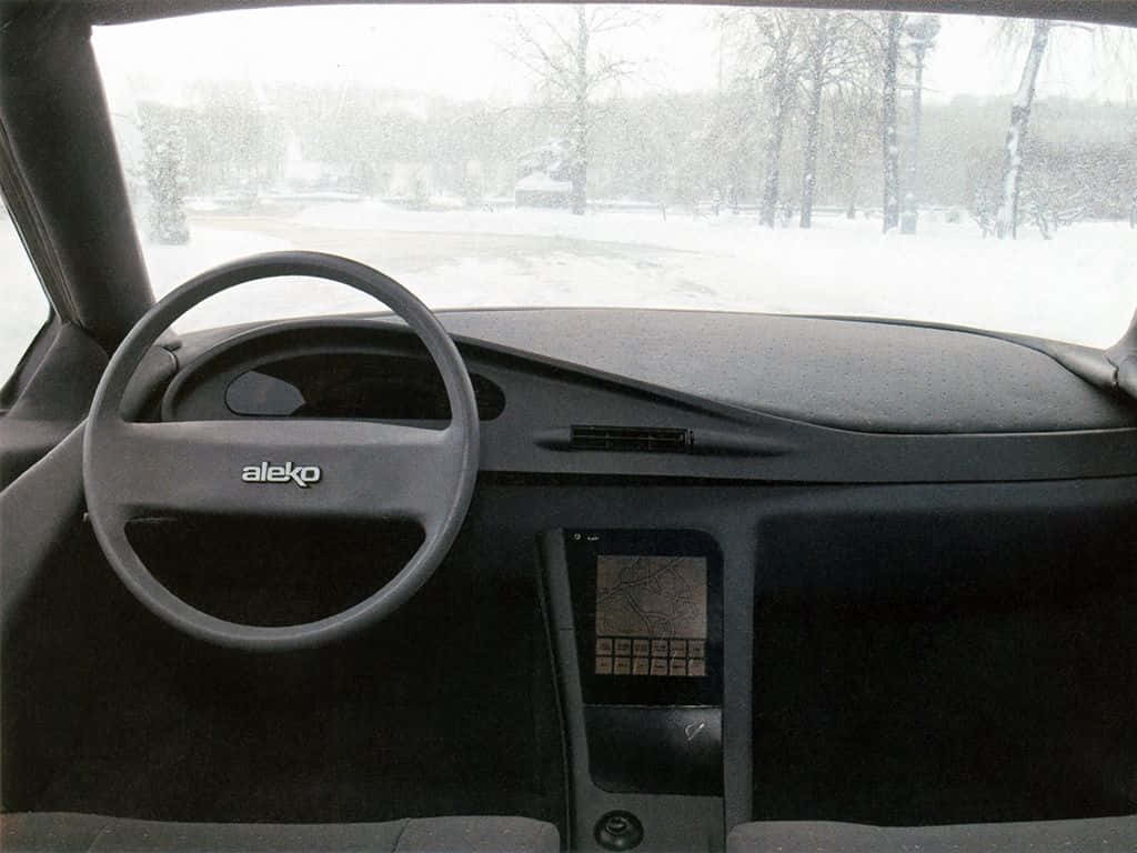 aleko steering wheel, snowy winter trees, interior view, SD Desktop Wallpaper