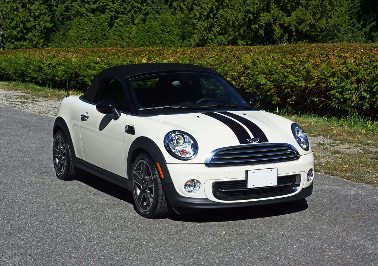 white MINI Cooper convertible, black roof, racing stripes, HD Desktop Wallpaper