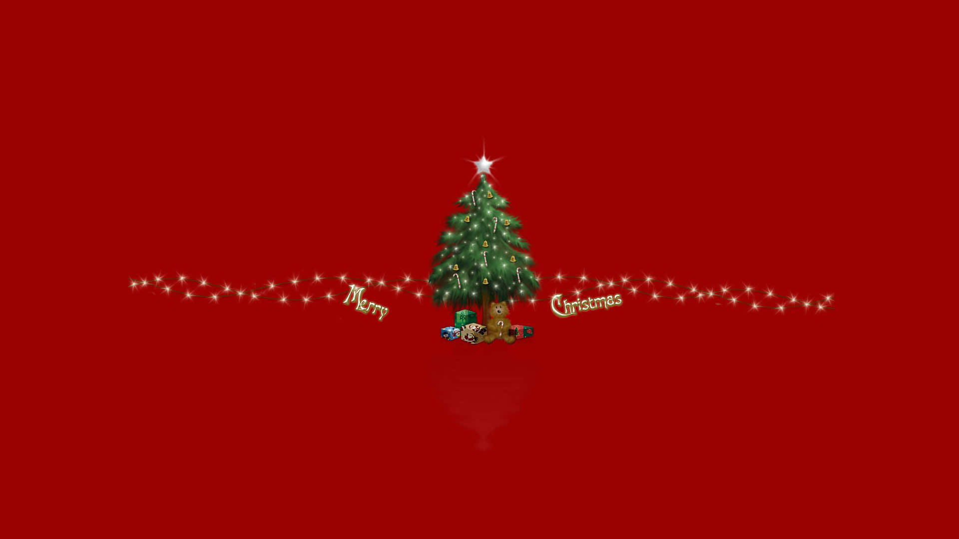 Minimalist Christmas Desktop, festive green Christmas tree, glowing string lights, Full HD Desktop Wallpaper