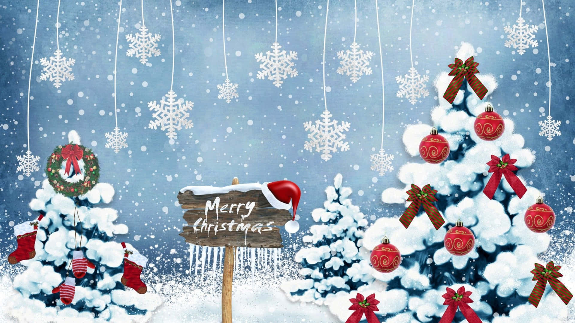Winter Christmas Tree Sign, snow-covered Christmas trees, red ornaments, Full HD Desktop Wallpaper