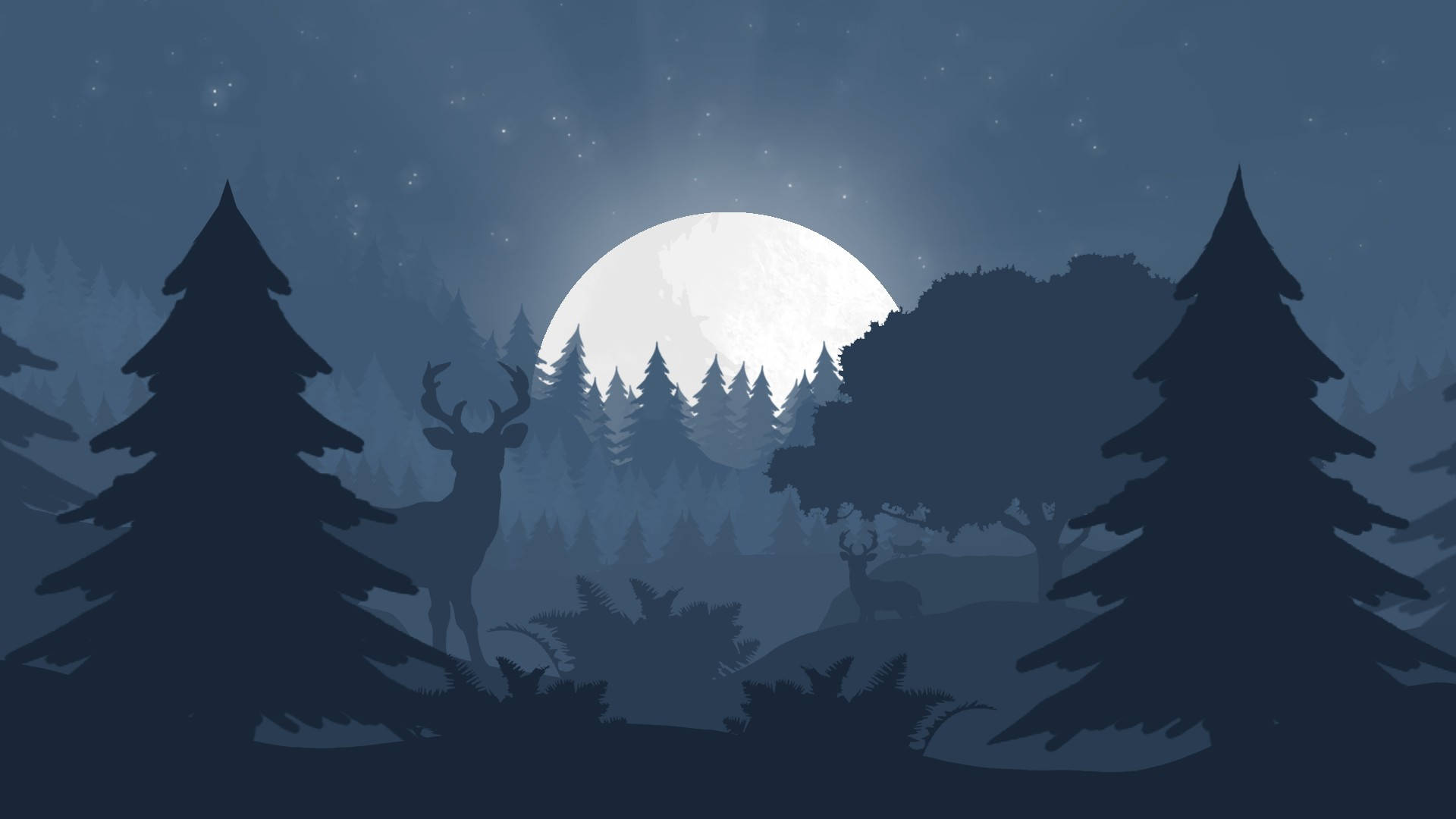 silhouetted deer, moonlit forest, starry night sky, Full HD Desktop Wallpaper