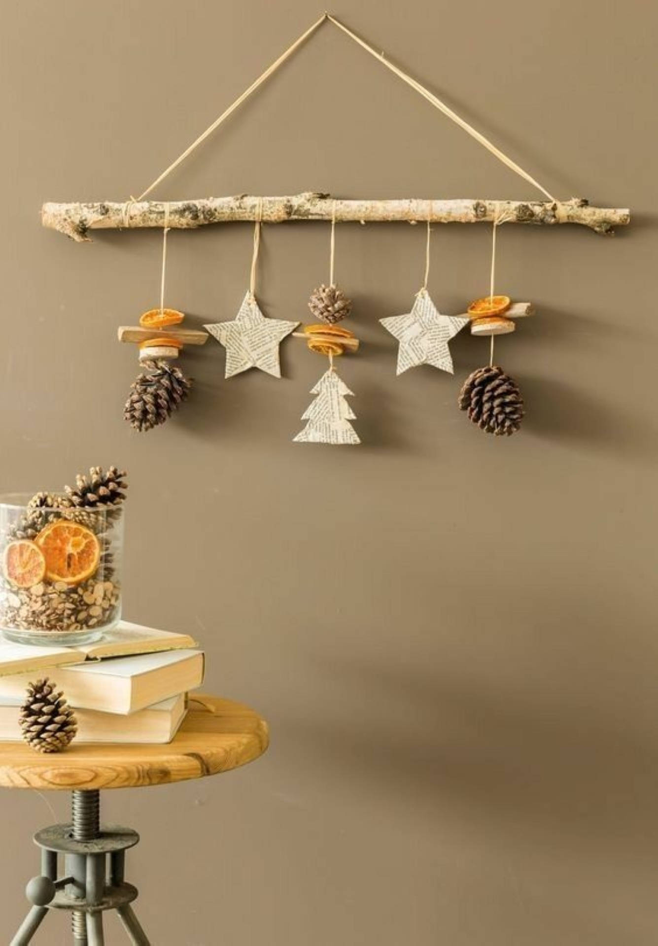 rustic twig wall hanging, paper stars, pinecones, Full HD Phone Wallpaper