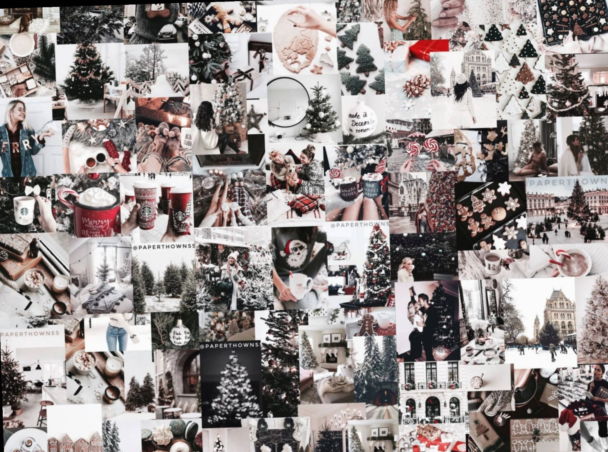 Greyscale Christmas Collage, Christmas-themed photos, decorated trees, Full HD Desktop Wallpaper